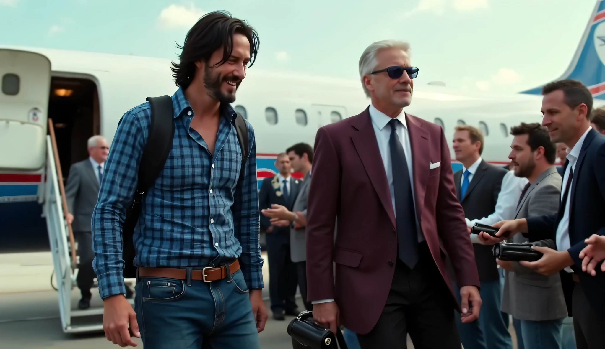 2heads, 35 year old male, skinny, conjoined, wide shoulders, ((blonde and brunette)), short hair, hyper realistic, facial hair, no more than two heads, no more than two arms, no more than two legs, 1man,solo,upper body, sitting by airplane window,attractive,model shoot,ultra-detailed,(8k, RAW photo, best quality, masterpiece:1.2), (realistic, photo-realistic:1.37), looking at viewer