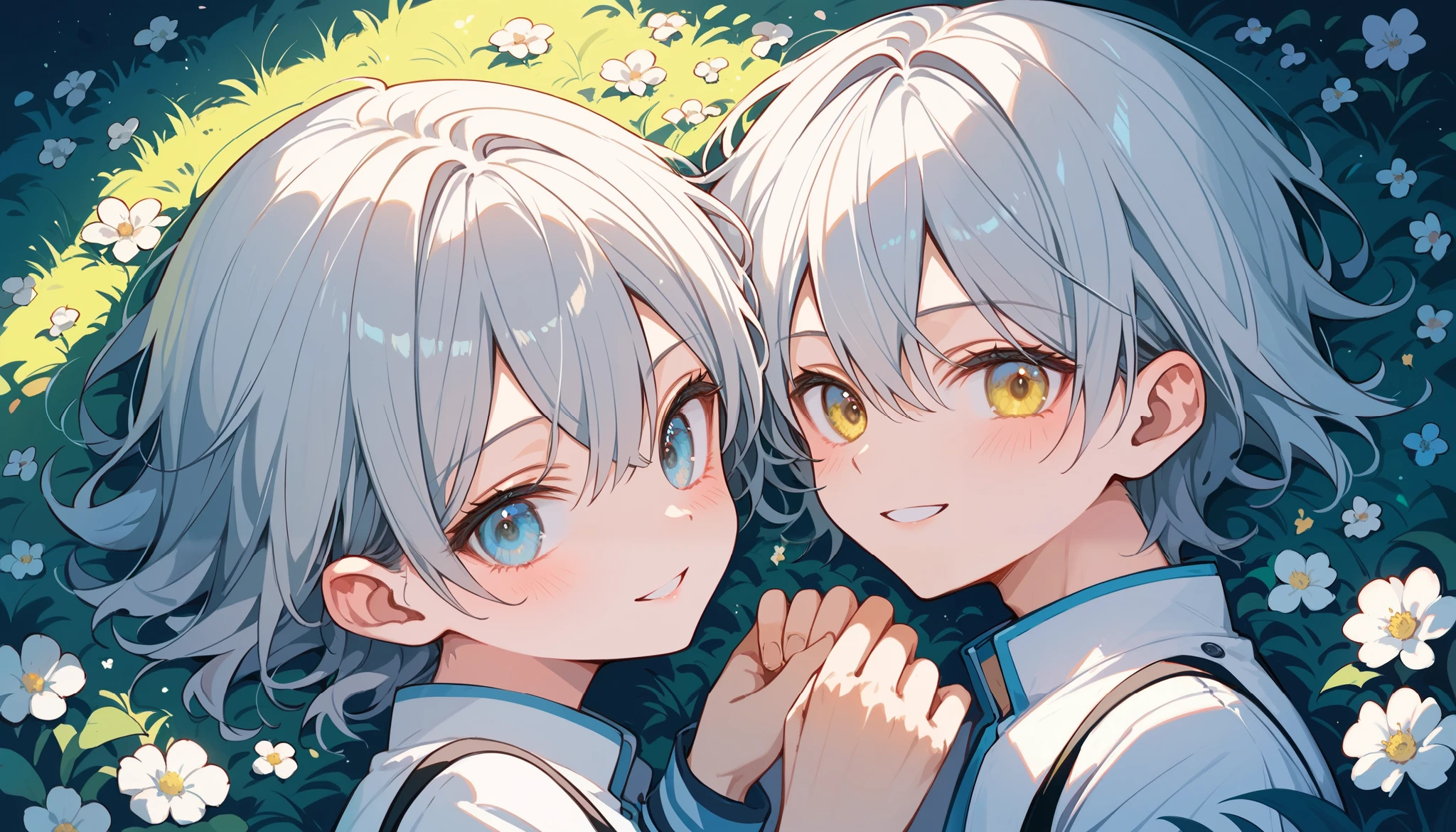 Anime couple with blue eyes and white hair standing in a field of ...