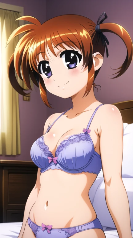 look, 1 girl, alone, bed,hair ribbon, In underwear,pink frilled bra,pink panties, clock, garter strap, Thighhighs, teeth, closed one eye, open your mouth, 1990s (style), cleavage, 視聴者をlookいる, leaning forward, cowboy shot, retro artstyle,