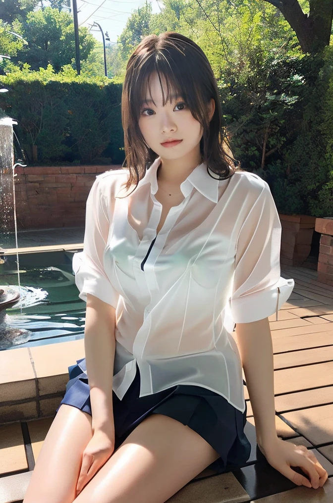 Cute woman、White shirt、mile、Open chest shirt、(A wet shirt with underwear showing through)、Wet Hair、Gazing at the sea、smile、Hibiscus flower、On the boat,ponytail、30Old woman gets wet、