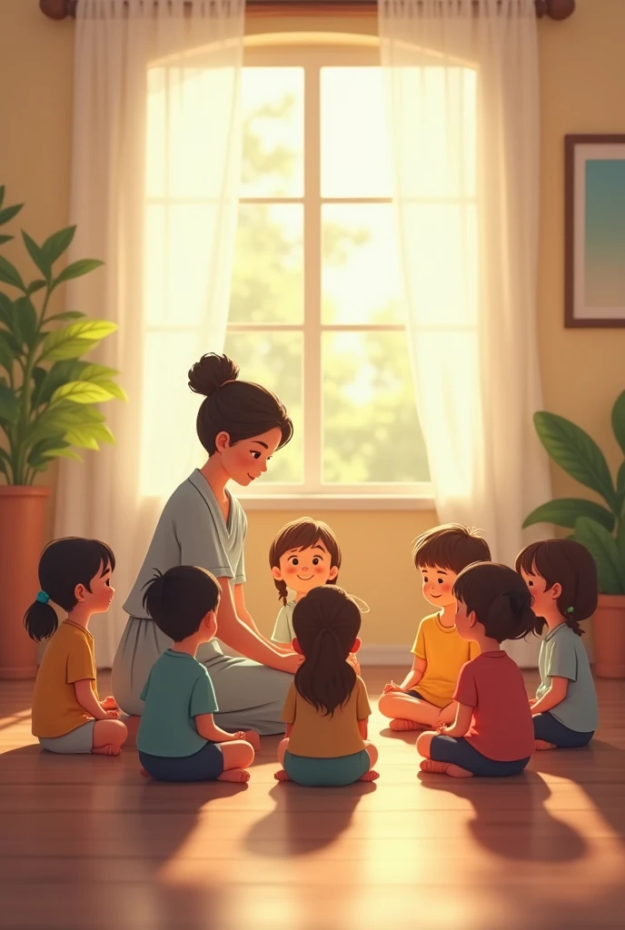 Students sitting on a rug in a circle and a teacher in the middle,  cheered up
