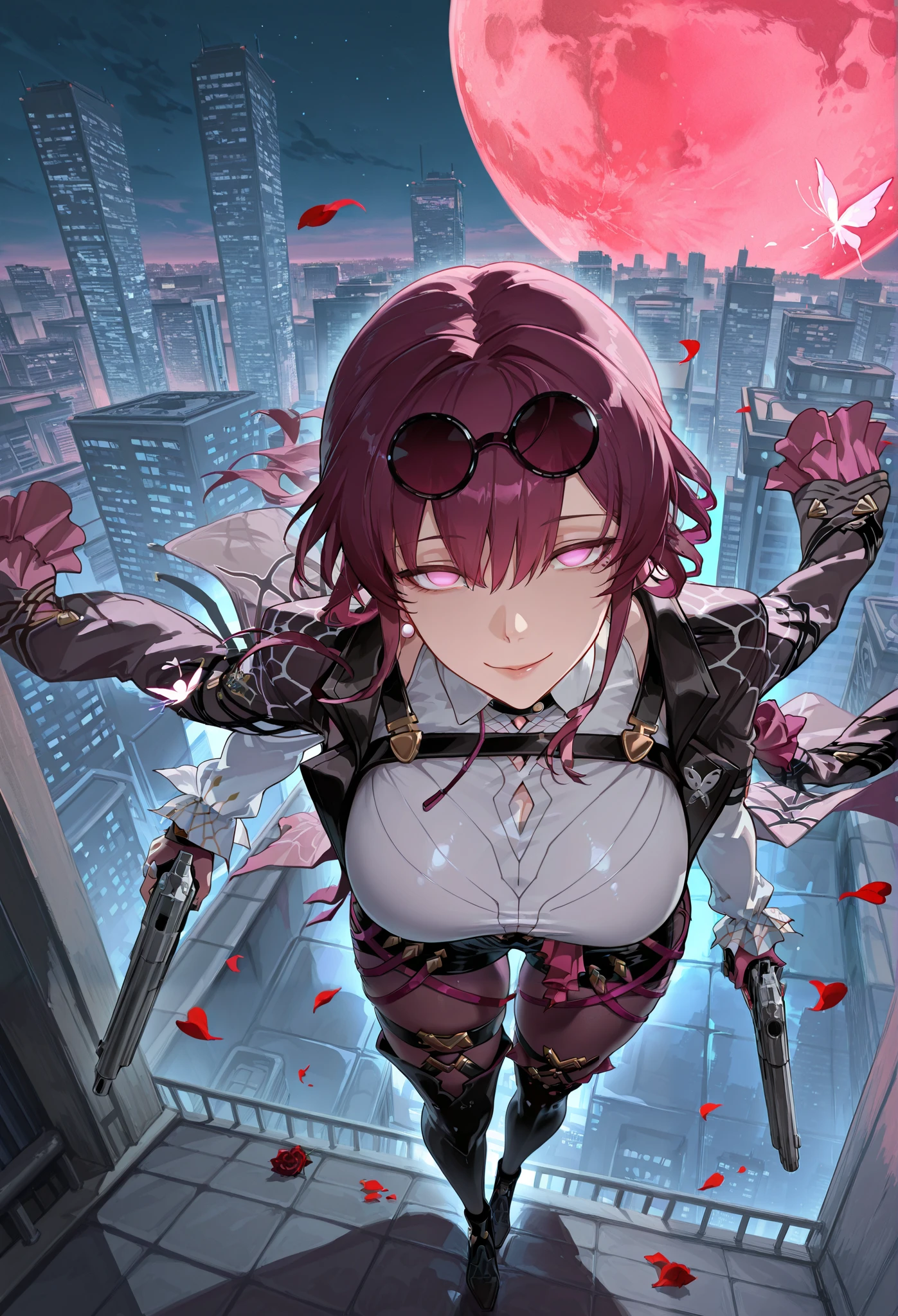 Kafka\(honkai star rail)\, kafka, kafka (honkai : start rail),masterpiece, best quality, amazing quality, very aesthetic, absurdres, highres, newest, solo, mature female, 1girl,seductive smile, open eyes, shaded face, leaps forward, leaping, jumping, holding gun at the viewer, on rooftop, looking up, looking at viewer, facing viewer, from above, outdoors, rose petals, black feathers, pistol, glowing butterfly, night, dark cityscape, skyscraper, red moon, steam, top light, smoky sky