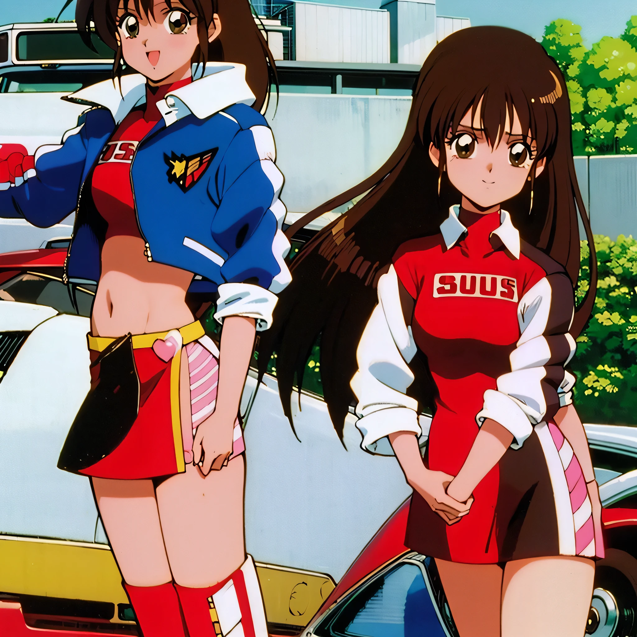 Assugodol, One girl, alone, Visor Cap, hair ornaments, Jacket, dress, pantyhose, Open your mouth, 1990s (style), smile, Cowboy Shot, Cleavage cutout, Race Queen, White pantie, Panty shot