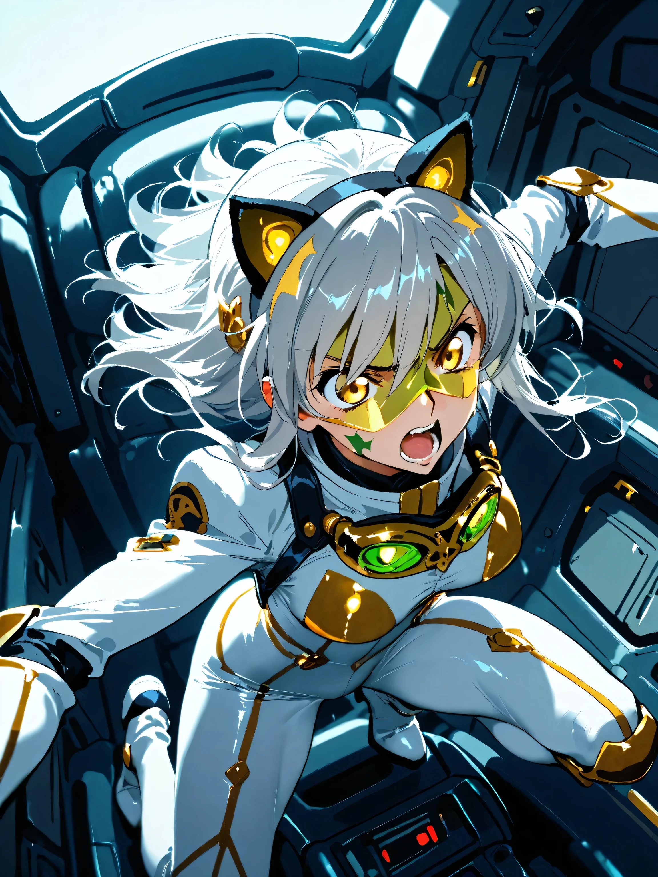 1girl , full body shot, code Geass Lelouch of the Rebellion, pilot suit, dynamic movement ,The cockpit of a robot with a serious expression that opens its mouth and shouts,Geass mark in the eyes , best quality , (Coexistence of Cat Ears and Goggles, head goggles:1.2)、Masterpiece , hair ornament , Shining Eyes,Strong eyes, (Long silver hair, yellow eyes), (Cat ears、Women in the World Always Have glass and Cat Ears :1.3), ( Wear Fine Gold Goggle-shaped glass on face :1.4), Jojo pose, dynamic angle