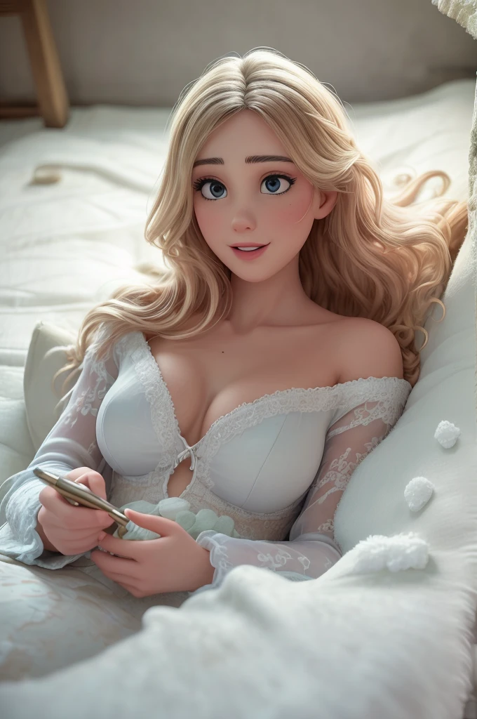 blond woman in white dress sitting in bed with a necklace on, a pastel inspired by Rosalie Emslie, tumblr, rococo, in style of petra collins, petra collins, imogen poots, ( ( emma lindstrom ) ), sydney sweeney, natalia dyer, betty cooper, lofi girl aesthetic, imogen poots as holy paladin