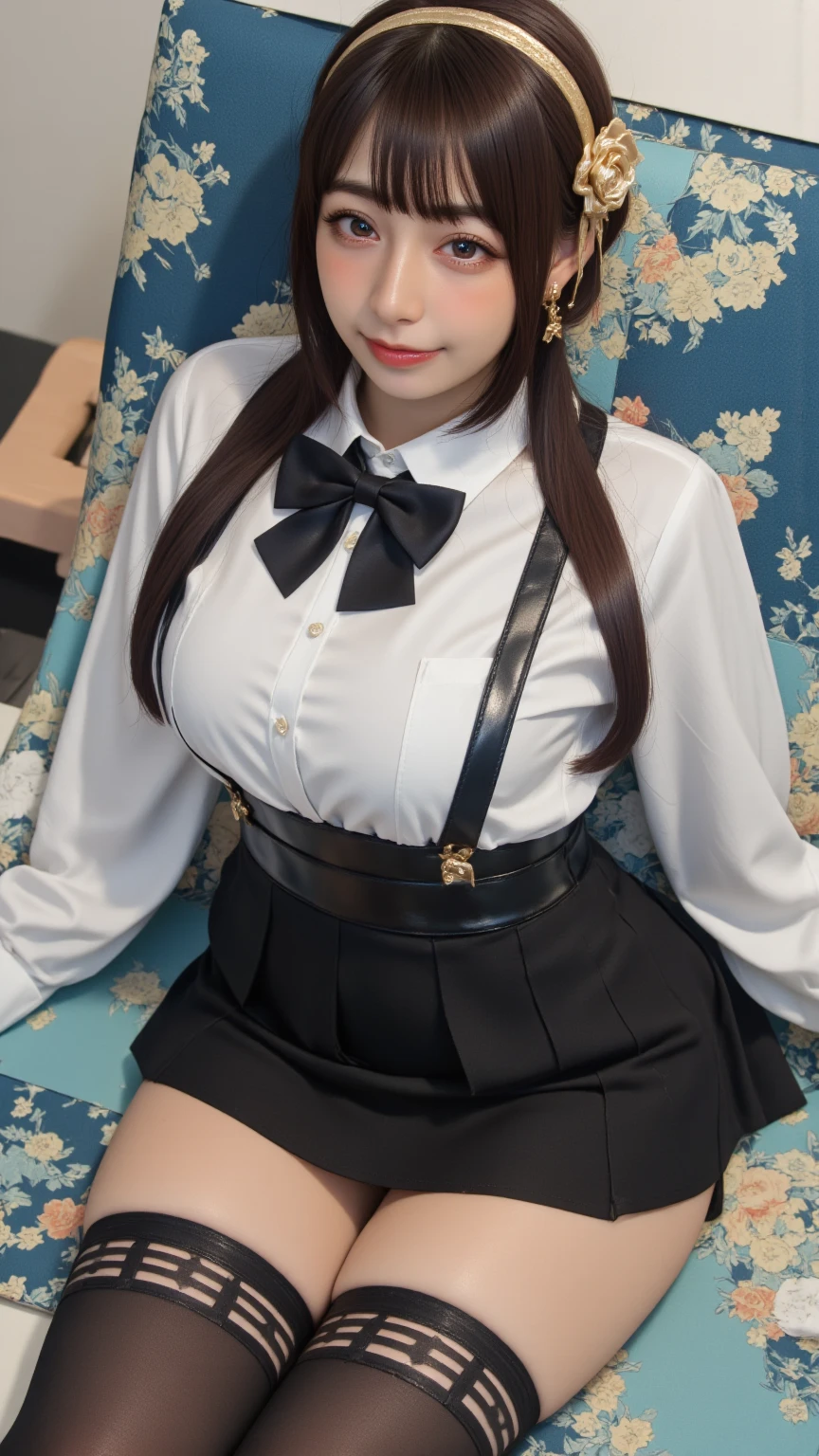 (((masterpiece))), (((highest quality: 1.4))), ((Very detailed: 1.4)) , ulzzang-6500-v1.1, (RAW Photos:1.2), (Realistic), (See through:1.3), (masterpiece), (masterpiece). (Genuine:1.4), Very detailed, Sharp focus, Tensura:Luminous-Valentine、One beautiful woman, ((Beautiful shiny silver hair、Detailed face))、Gothic Lolita Maid Clothing、Knee-high stockings、Skirt and thighs、