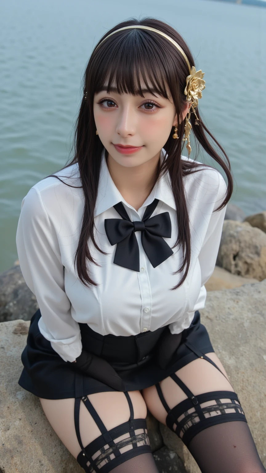 (1 Korean star with royal sister style), ((Best quality, 8K, Masterpiece: 1.3)), focal point: 1.2, Perfect body proportions: 1.4, (Make a smile), Watery eyes, Highly Detailed Face and Skin Textur, Fine eyes, Double eyelids, Whitens the skin, (long whitr hair, By bangs: 1.3), (face round: 1.5), (JK school uniform: 1.4), (Lace view: 1.6),(black lence stockings: 1.4),(JK style:1.4),(On the street:1.3)
