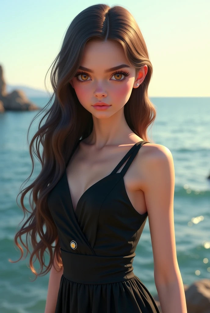 A stunning girl, appearing to be 12, with an ethereal and perfect beauty. She has long, flowing dark-brown hair that cascades down her back in soft waves, with a shine that makes it look almost mystical and a fair skin. Her eyes are a deep, enchanting brown, radiating a mystical glow that changes subtly depending on her use of powers. Her skin is flawless, smooth, and slightly radiant, giving her a celestial appearance. Her outfit is a jedi black dress. She is close to the sea