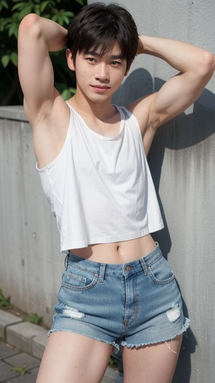 Bask in the sun outdoors
Japanese boys
20 year old male college student
short hair
The picture shows everything from the head to below the knee
Sideways pose
manly face and body
slim muscular body
Beautiful skin
No armpit hair and it's smooth
1 person
I'm wearing a white tank top
denim shorts
Put your left arm behind your head and see your armpits in full view
I can see my nipples when I turn to the side
I can see my abs a little
The crotch area is very bulging
provocative cute smile