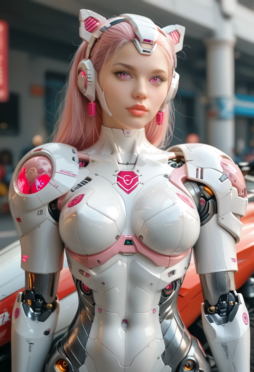 (Arcee), Arcee Woman in a futuristic costume posing for a photo, ( detailed face), defined cheekbones , ( full lips), (white sclera), in white futuristic armor, girl in cybernetic armor Mecha , (helmet covers the forehead ), medium tits, visible breasts, Full lips, ( pink and white color scheme ), wide shoulder leather jacket, large ass, ((bunda airbags)), (neckline), Unrealistic engine rendering + a goddess, Cyborg porcelain armor , bright white armor, ( pink and white aesthetic ), ( gigantic boobs), thin waist, cybernetic abs , ((pink face)), gynoid cyborg body , ( adult content ), Beautiful and attractive female cyborg , diverse cybersuits, Beautiful female cyborg , Beautiful white cyborg girl, with futuristic armor, perfect female cyborg, ((NSFW)), full body visible , large motorcycle garage,