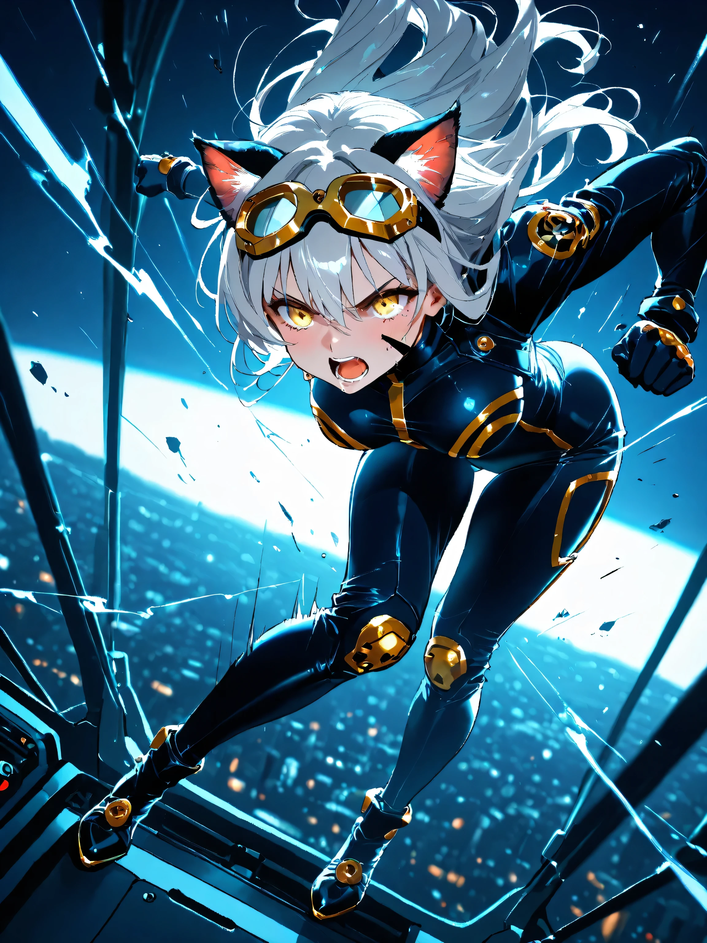   1girl  , full body shot,  pilot suit, dynamic movement ,The cockpit of a robot with a serious expression that opens its mouth and shouts, best quality , (Coexistence of Cat Ears and Goggles, head goggles:1.2)、Masterpiece ,  hair ornament , Shining Eyes,Strong eyes, (Long silver hair,  yellow eyes),  (Cat ears、Women in the World Always Have glass and Cat Ears :1.3), ( Wear Fine Gold Goggle-shaped glass on face :1.4), Jojo pose, dynamic angle, Robot action , mechanical structure with fine wiring,