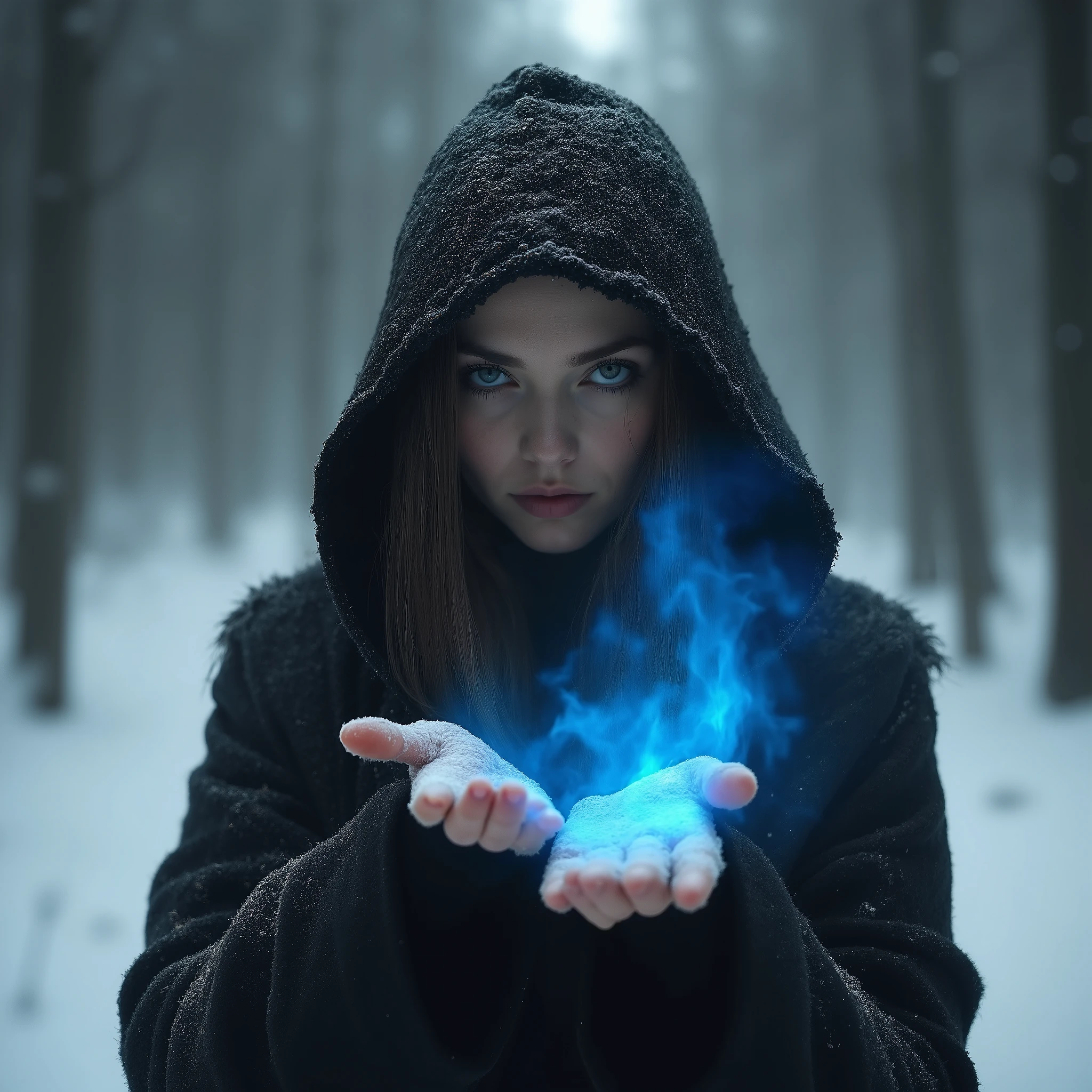Snow Forest Sinking into Darkness ,  Woman Wearing a Black Hood ,  Dark Mist Drifting in the Background ,  Cold Moonlight Reflects the Snow ,  Blue Magical Flame Drifting from Women's Hands,  Sharp and Beautiful Gaze 