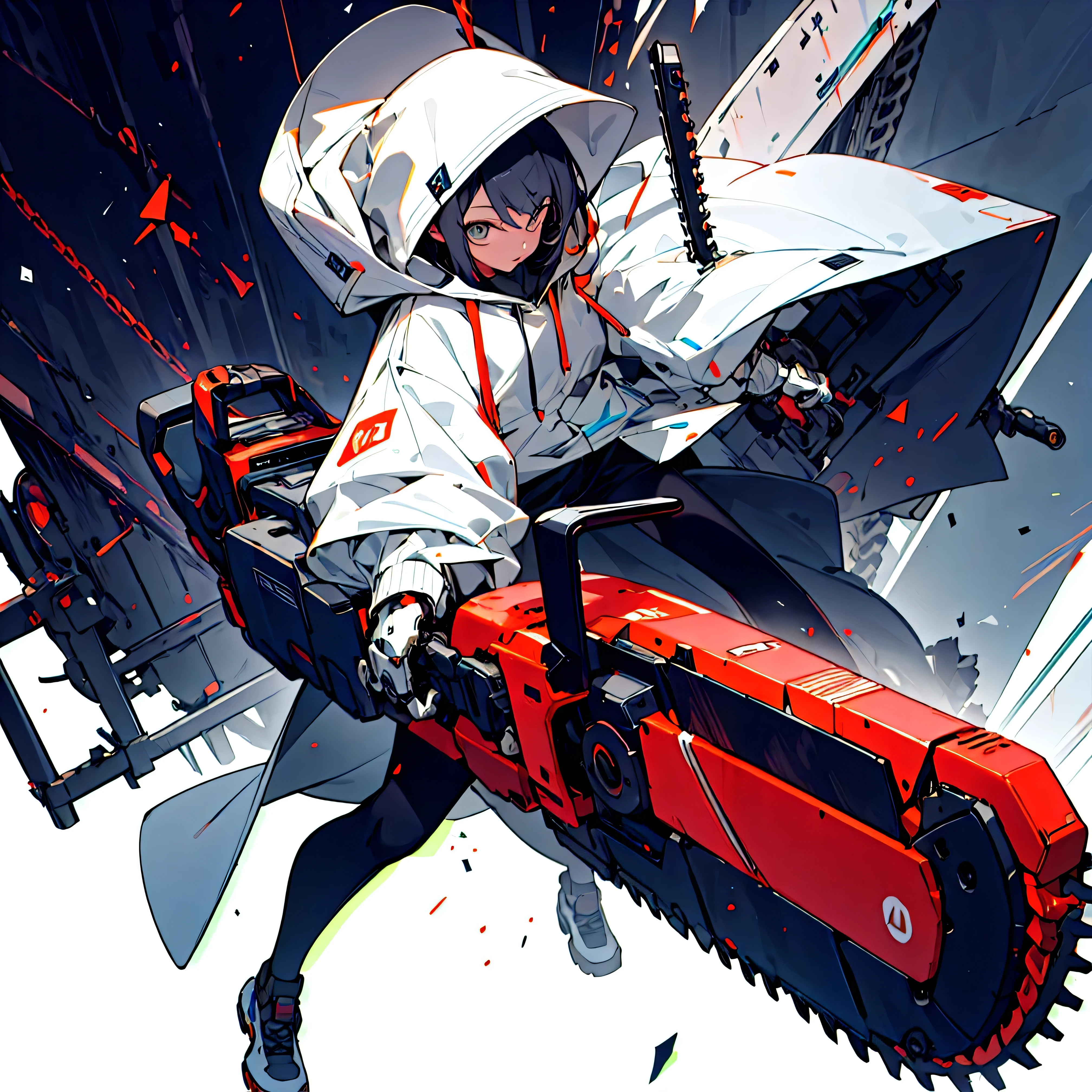 Absurd, High resolution, Super detailed,
One girl,Exo-armour oversized hooded jacket, Long horn,whole body,Has a chainsaw,The ultimate form,heavy rain、Colorful rain
