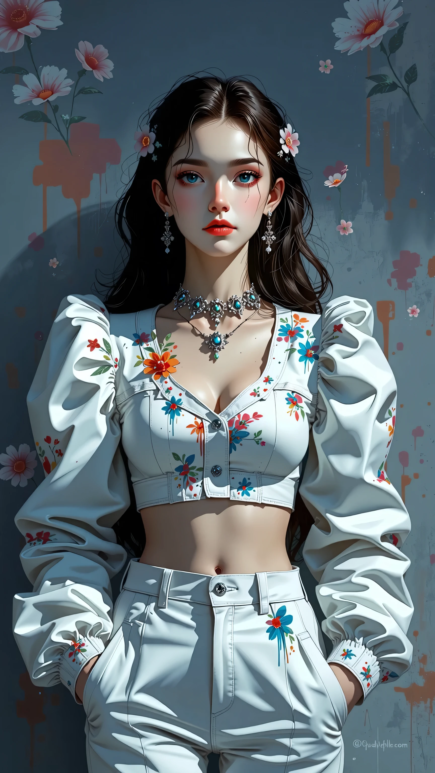 (masterpiece, best quality:1.4), official art, absurdres, vivid colors, girl******, beautiful eyes, tight crop top, tight pants, choker, (splash ink, graffiti on wall:1.2), navel, slender, standing, from below, cowboy shot, small waist, thick thighs, (arch back, perky butt:0.6), sharp focus, dynamic lighting, cinematic lighting, dramatic shadow, highres, ultra detailed, finely detail, extremely detailed, detailed eyes and face, sharp pupils, realistic pupils, simple background, big breasts, cleavage,