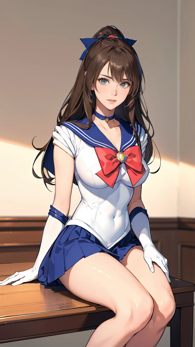 masterpiece, high definition, best quality, rendered art, well formed hands, fingers and body, 1 woman, solo, Haruhi Suzumiya, hair ribbon, adult, grown up, wearing Sailor Moon's outfit, big breasted, cleavage, full body, sexy sailor senshi uniform, short blue skirt, red boots, gorgeous hips, legs and thighs, white elbow gloves, sailor collar, tiara, earrings,ryona,in peril, she is defeated, knocked out, passed out, closed eyes, exhausted, unconscious, laying down on the sand, extended exposed body, full body on the sand, breathing heavily, sexy smirk on her face, bouncing breasts, sexy defeated pose, defeat and KO scene, fallen beauty, martial arts tournament with beach environment