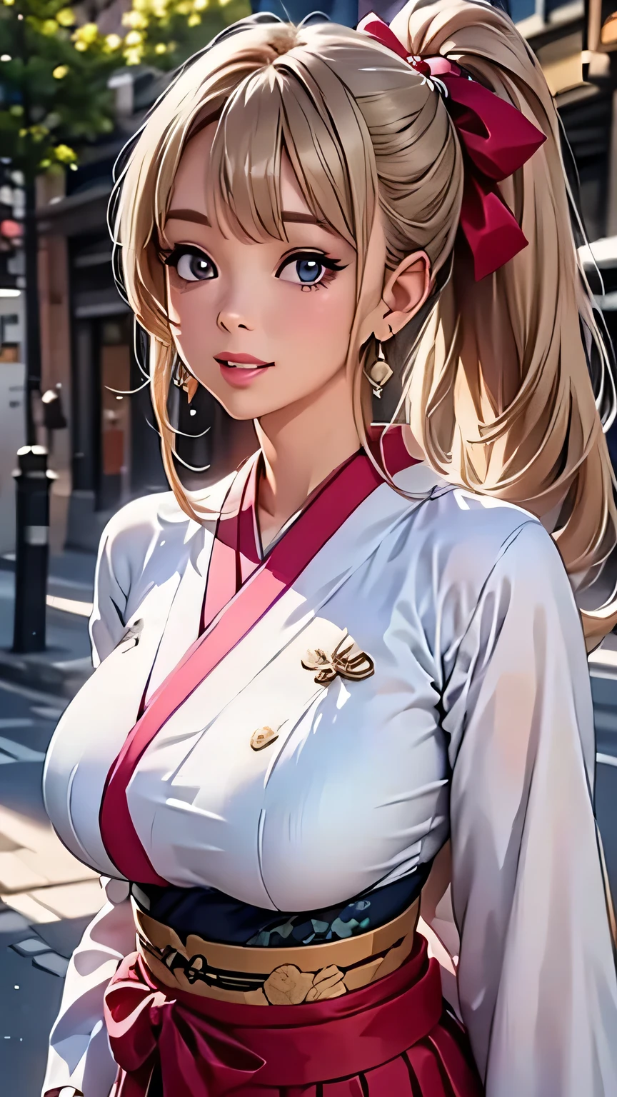 (8k、 RAW photo 、 Top Quality 、Masterpiece:1.2)、( realistic 、 photo realistic:1.37)、 Ultra Details、 super high definition、 A beautifully balanced face 、(((Blonde)))、((( big breasted )))、 Thick Ass , the anime picture depicts a woman dressed in a kimono with a blue top and orange bottom, hair hanging down, 1girl , Alone, blonde hair, long hair, purple eyes, gloves, smile, jewelry, v, skirt, white gloves, earrings, looking at viewer, ribbon, ponytail, hair ribbon, Selfie