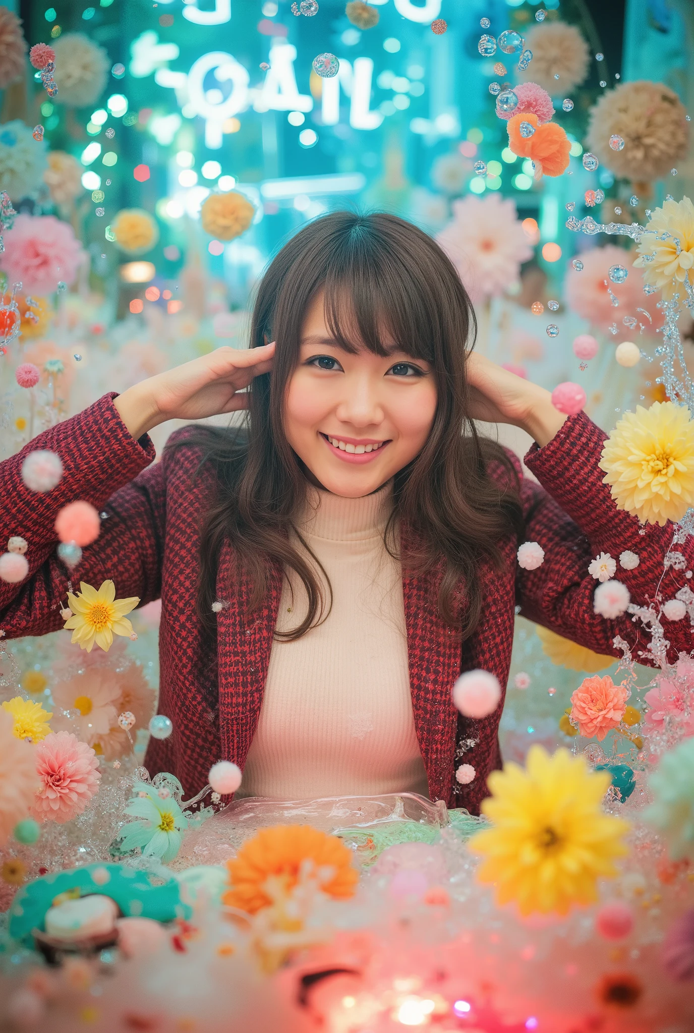 floating, (High chroma), (background, (Colorful Splash:1.3), (Colorful bubbles:1.3), (The Shining:1.3), (Colorful flowers:1.3), (Colorful Neon:1.3)), break, (One girl), (18-year-old), Very beautiful detailed face, Laugh shyly, Symmetrical black eyes, Small ), break, (Red houndstooth coat:1.4), (Off-white turtleneck sweater dress:1.3), Dark brown hair, Half Up, (Beautiful Face:1.2), break, high quality,  realistic , very detailed CG integrated 8k wallpaper, Very detailed, High-resolution RAW color photos, Professional photography,  realistic  portrait, Cinematic Light, Beautiful details, Super detailed, Attention to detail, (((bokeh))), Depth of written boundary, illumination, Super stylish lighting