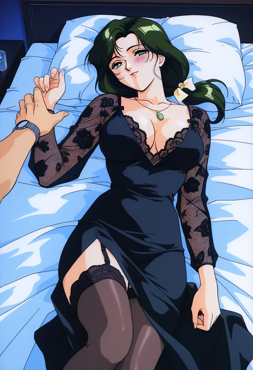 NSFW, masterpiece, (best quality: 1.2), long hair, blue eyes, green hair, worns, big breasts, evil_smile, sexy, ((NURSE)), red lipstick, fishnet stocking, ((seducing a boy)), breast-feeding, 1boy, boy touching woman, boy groping woman, boy sucking on woman's breasts