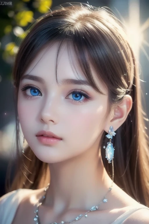 Beautiful glowing white skin, Unparalleled beauty, bright, Refreshing and gentle look, Perfect beautiful pretty face, Shiny platinum blonde silky super long straight hair, Beautiful shiny bangs, Very beautiful and beautiful６Year old girl, eyeliner, so perfect and beautiful, Big clear sky blue eyes, very beautiful bright eye highlights, Small earrings、necklace、１６ｋ、