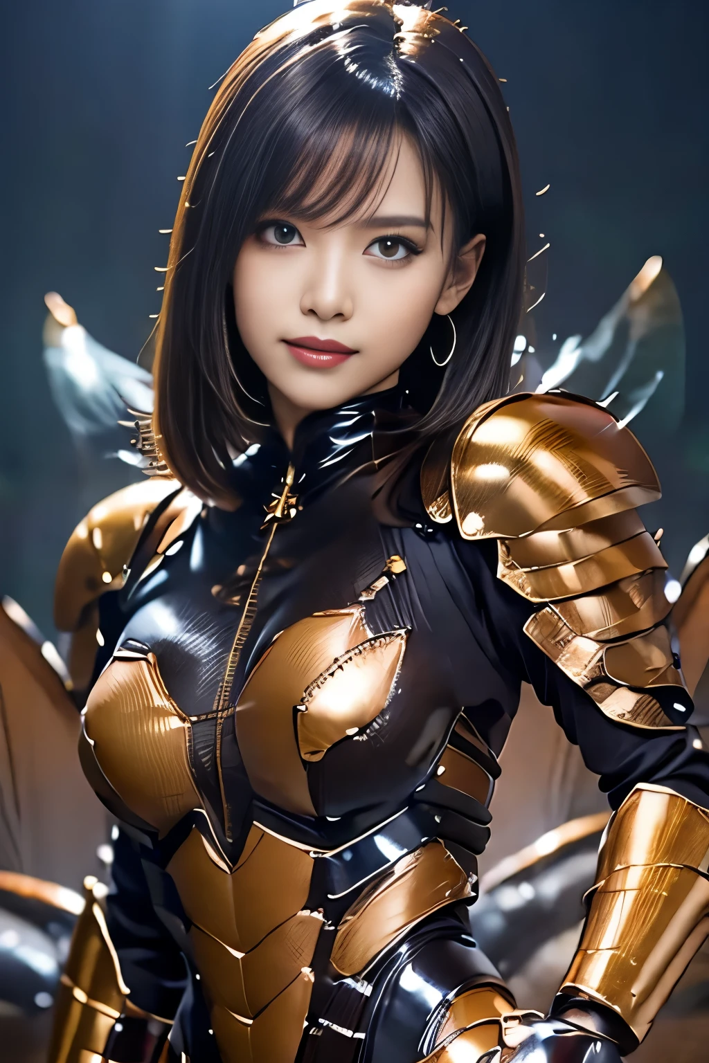 masterpiece、Highest quality、Highly detailed CG、Great details、High resolution、8K Wallpaper、All the intricacies、Super detailed、Super Shining、Oily luster、monster girl、Cockroach and woman fusion、Female cockroach forms、Cockroach woman、Fusion、Acting alone、gal、Perfect female ratio、Wicked Smile、cute、anime face、Antennae of cockroaches、特にOily luster、muscular、Cockroach and exoskeleton suit fusion、Mahogany colored dark skin、Short Hair、bionde、Purple streak hair、crustacean、arthropod、Enemy hideout style background、Background of the evil organization style