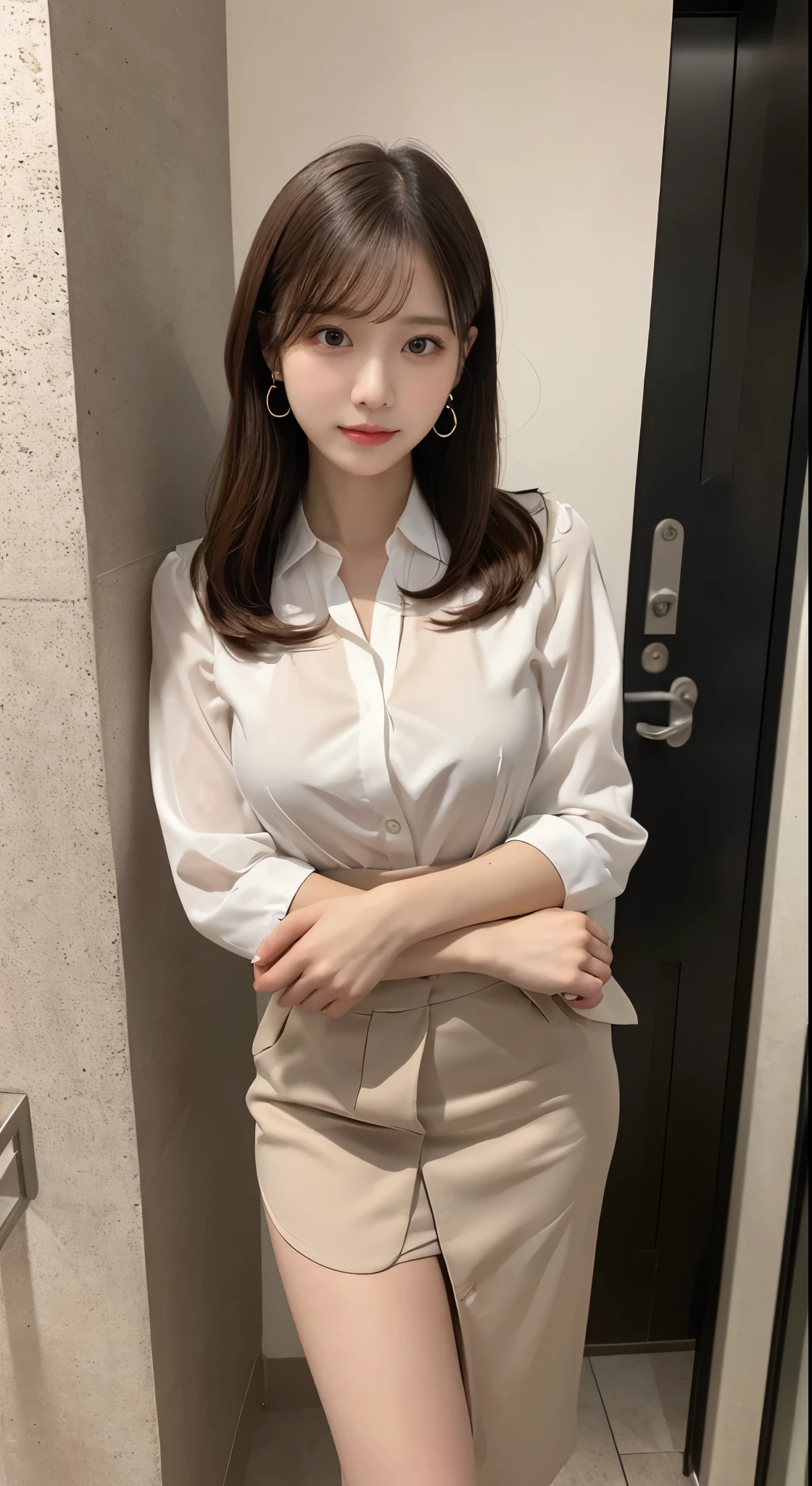 Top Quality, Masterpiece 、 actual photo 、The most beautiful woman in the world、slender、 princess your 、 perfect beautiful face 、 Perfect and beautiful eyes 、 perfect and beautiful double eyelids 、 fashion model、Mid-length hair from shoulder to waist、 straight hair、 light brown hair 、 earrings、( wearing a business suit, blouse, Long Skirt:1.3),(whole body:1.4)、(Thin legs:1.3)、( That holds my crotch :1.2),( orgasms:1.2), office,( Cleevidge ,Just a little:0.8)、( big breasts:1.1)