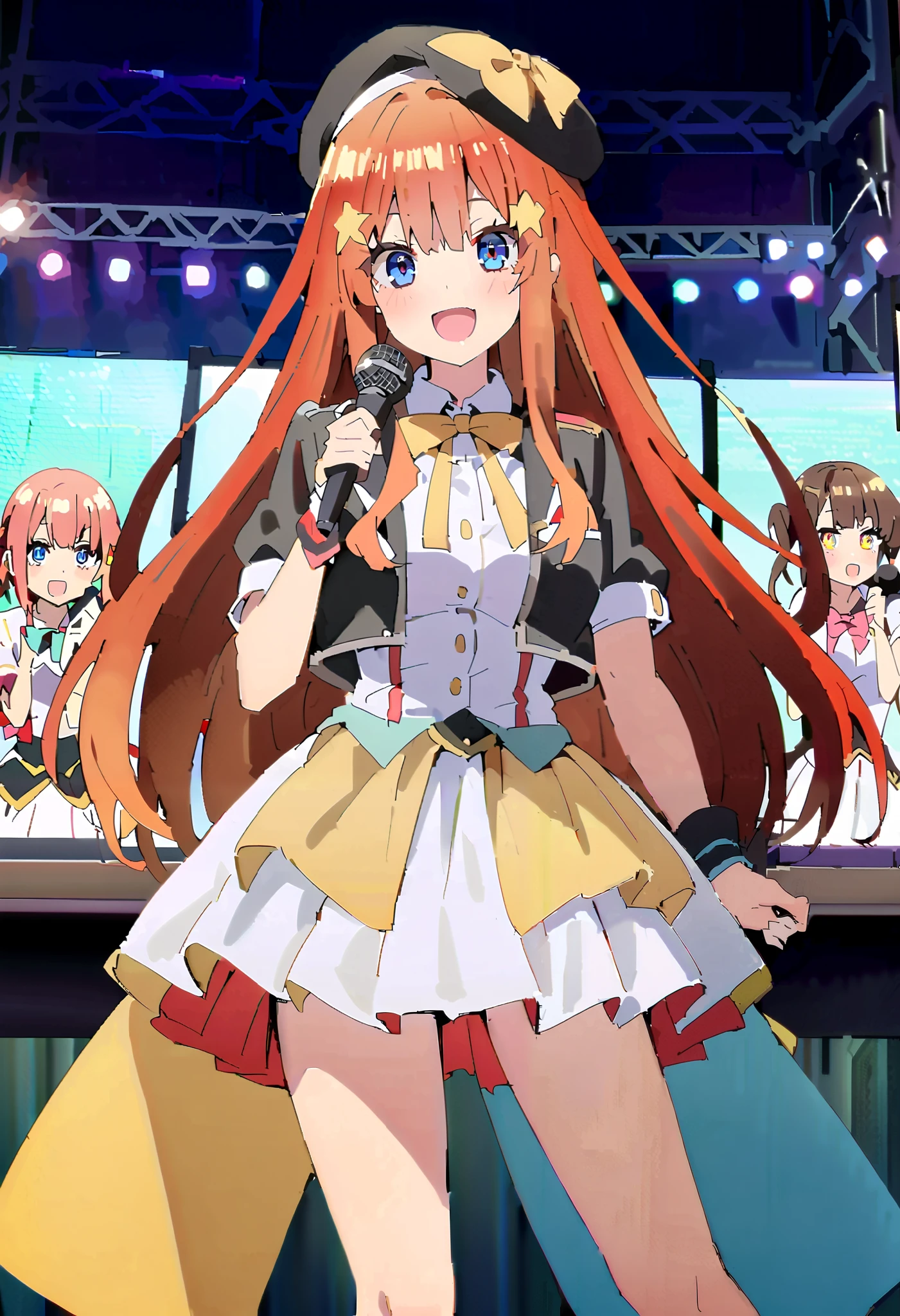 score_9, score_8_ up, score_7_ up, source_Anime, itsukinakano, Nakano Mizuki , bangs, blue eyes, hair between eyes , st upid hair, Red Hair, long hair,Yellow stars \( symbol \), hair ornament ,Yellow stars hair ornament ,glass,smile,, open mouth , big breasted , Idol Costume , dress,collared dress, jacket ,cropped jacket ,Short sleeve,bowtie,bow,button, has ,beret,( White Knee High :1.2),shoes, interior ,アイドル歌手がライブ stageで熱狂的に歌うシーンのイラスト. アイドル歌手が stage中央に立っている. boots worn by idol singers . idol singers sing with microphones . idol singers are serious and impressive . 歌手の声は力強くて beautiful , stageの周りにはファンが集まる, fans sing and dance with idol singers Idol singers who do things ,whole bodyがイラストに入るように,
break looking at viewer,whole body,( cowboy shooting :1. 5),
break indoors, stage, concert, stage lights, stage, crowd,
break (Masterpiece:1.2), best quality , high resolution, unity 8k wallpaper, (shape:0.8), ( beautiful, detailed eyes :1.6), very elaborate face , PERFECT LIGHTING , High-definition CG, (perfect hand, perfect anatomy),