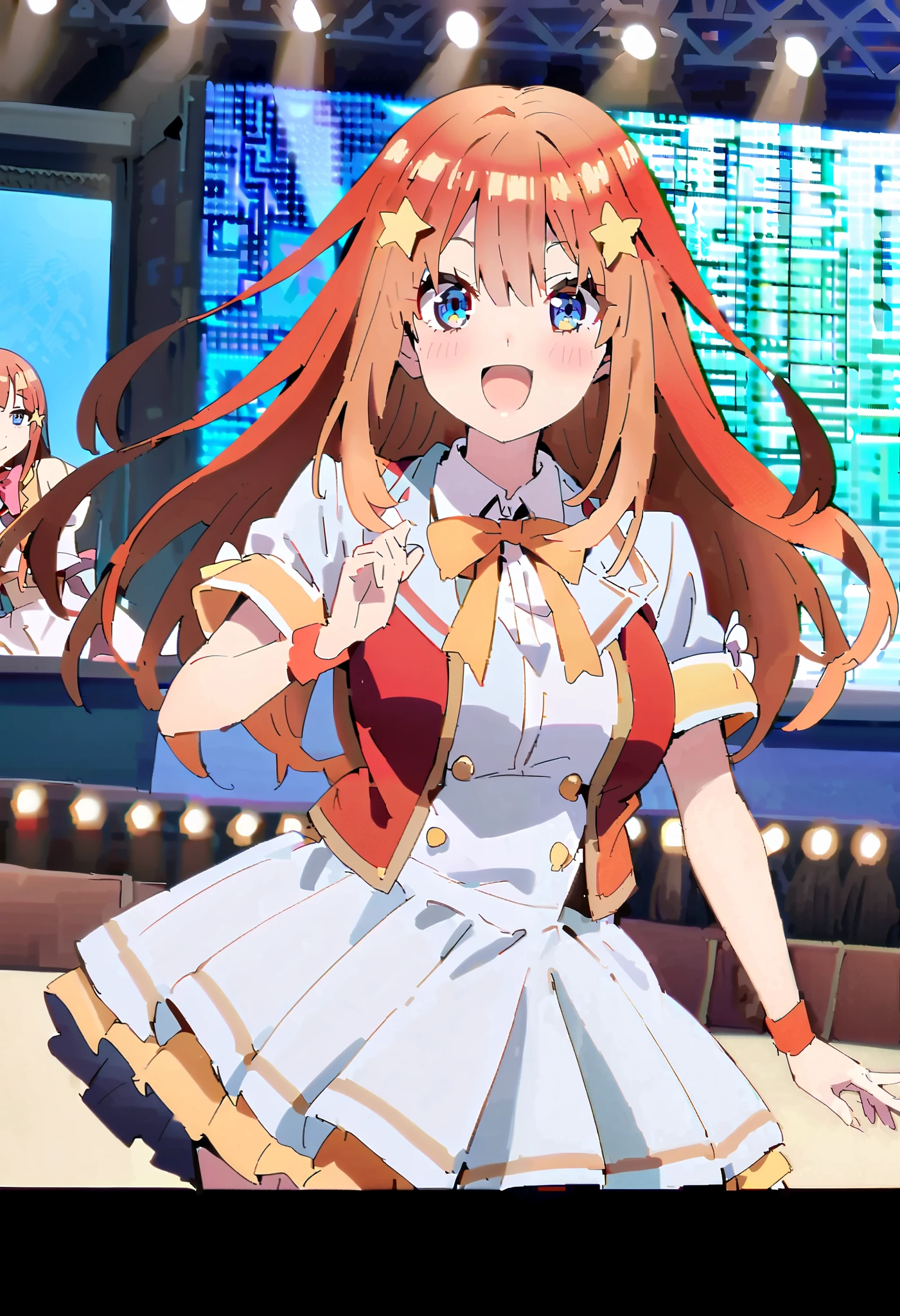score_9, score_8_ up, score_7_ up, source_Anime, itsukinakano, Nakano Mizuki , bangs, blue eyes, hair between eyes , st upid hair, Red Hair, long hair,Yellow stars \( symbol \), hair ornament ,Yellow stars hair ornament ,glass,smile,, open mouth , big breasted , Idol Costume , dress,collared dress, jacket ,cropped jacket ,Short sleeve,bowtie,bow,button, has ,beret,( White Knee High :1.2),shoes, interior ,アイドル歌手がライブ stageで熱狂的に歌うシーンのイラスト. アイドル歌手が stage中央に立っている. boots worn by idol singers . idol singers sing with microphones . idol singers are serious and impressive . 歌手の声は力強くて beautiful , stageの周りにはファンが集まる, fans sing and dance with idol singers Idol singers who do things ,whole bodyがイラストに入るように,
break looking at viewer,whole body,( cowboy shooting :1. 5),
break indoors, stage, concert, stage lights, stage, crowd,
break (Masterpiece:1.2), best quality , high resolution, unity 8k wallpaper, (shape:0.8), ( beautiful, detailed eyes :1.6), very elaborate face , PERFECT LIGHTING , High-definition CG, (perfect hand, perfect anatomy),