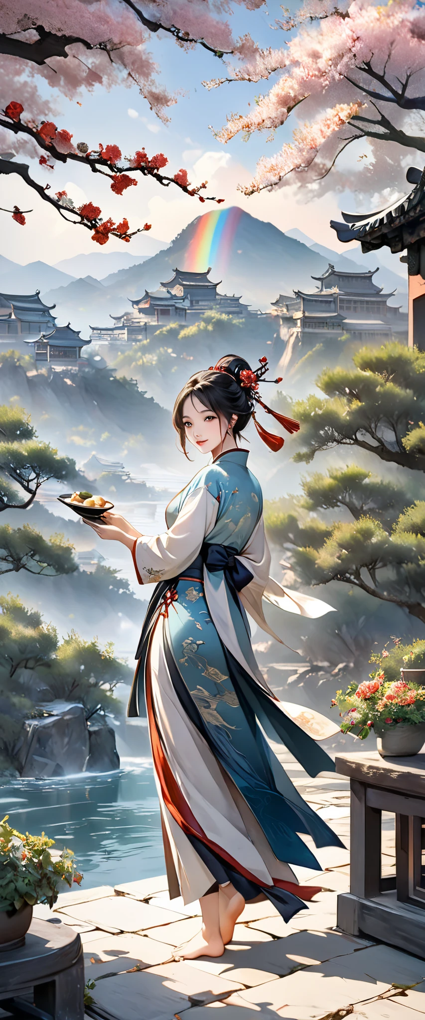 中国の風景画をbackgroundにした絵画 ,Chinese painting style, Flowing Silk , Tassel Ornament ,(masterpiece, High Quality , best image quality ),Blooming flowers々, Classical Chinese Culture and Art , Watercolor Blend , Still Life Closeup 、In ancient China 、, openwork, 、 Hot stamp stroke 、Chinese style,National Style Beauty ,Barefoot、 background: Large river or mountain scenery surrounded by auspicious clouds and beautiful rainbows, Ink Blend , Oriental aesthetics majestic and majestic momentum , Auspicious Celebration , fresh and elegant atmosphere , Otherworldly Atmosphere , Amazing Graphics , sophisticated details , Classical Chinese Art , highdefinition images, Breathtakingly beautiful, Quiet and Elegant Art ,Exquisite illustrations,Chinese elements , Perfect Blend of Fantasy and Reality, Rich Image Layers , Blooming Light Picture , Light Particle Rendering , bright 、Beautiful light, soft warm light , Beautiful Art ,驚くほど美しい壁紙background、Detailed artwork、 HD、 high resolution、high definition illustration art 、