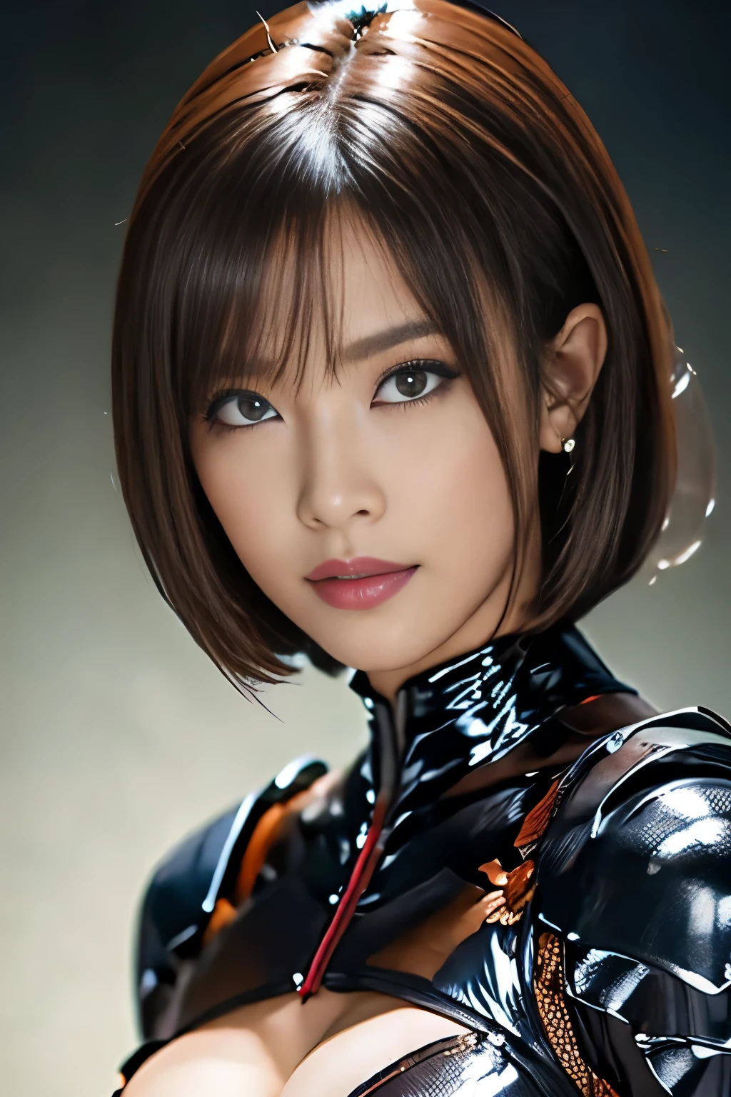 masterpiece、Highest quality、Highly detailed CG、Great details、High resolution、8K Wallpaper、All the intricacies、Super detailed、Super Shining、Oily luster、monster girl、Cockroach and woman fusion、Female cockroach forms、Cockroach woman、Fusion、Acting alone、gal、Perfect female ratio、Wicked Smile、cute、anime face、Antennae of cockroaches、特にOily luster、muscular、Cockroach and exoskeleton suit fusion、Mahogany colored dark skin、Short Hair、bionde、Purple streak hair、crustacean、arthropod、Enemy hideout style background、Background of the evil organization style