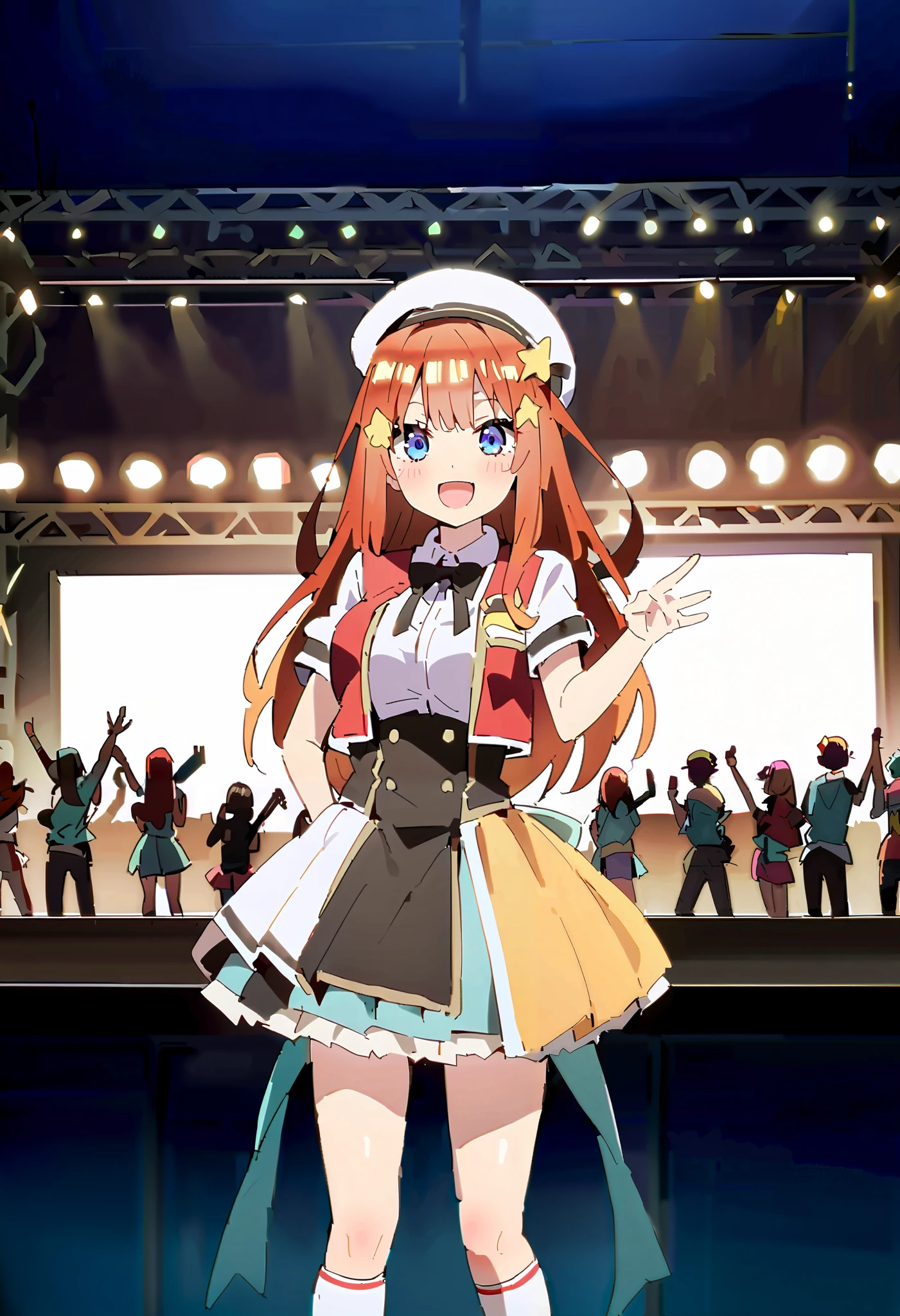 score_9, score_8_ up, score_7_ up, source_Anime, itsukinakano, Nakano Mizuki , bangs, blue eyes, hair between eyes , st upid hair, Red Hair, long hair,Yellow stars \( symbol \), hair ornament ,Yellow stars hair ornament ,glass,smile,, open mouth , big breasted , Idol Costume , dress,collared dress, jacket ,cropped jacket ,Short sleeve,bowtie,bow,button, has ,beret,( White Knee High :1.2),shoes, interior ,アイドル歌手がライブ stageで熱狂的に歌うシーンのイラスト. アイドル歌手が stage中央に立っている. boots worn by idol singers . idol singers sing with microphones . idol singers are serious and impressive . 歌手の声は力強くて beautiful , stageの周りにはファンが集まる, fans sing and dance with idol singers Idol singers who do things ,whole bodyがイラストに入るように,
break looking at viewer,whole body,( cowboy shooting :1. 5),
break indoors, stage, concert, stage lights, stage, crowd,
break (Masterpiece:1.2), best quality , high resolution, unity 8k wallpaper, (shape:0.8), ( beautiful, detailed eyes :1.6), very elaborate face , PERFECT LIGHTING , High-definition CG, (perfect hand, perfect anatomy),