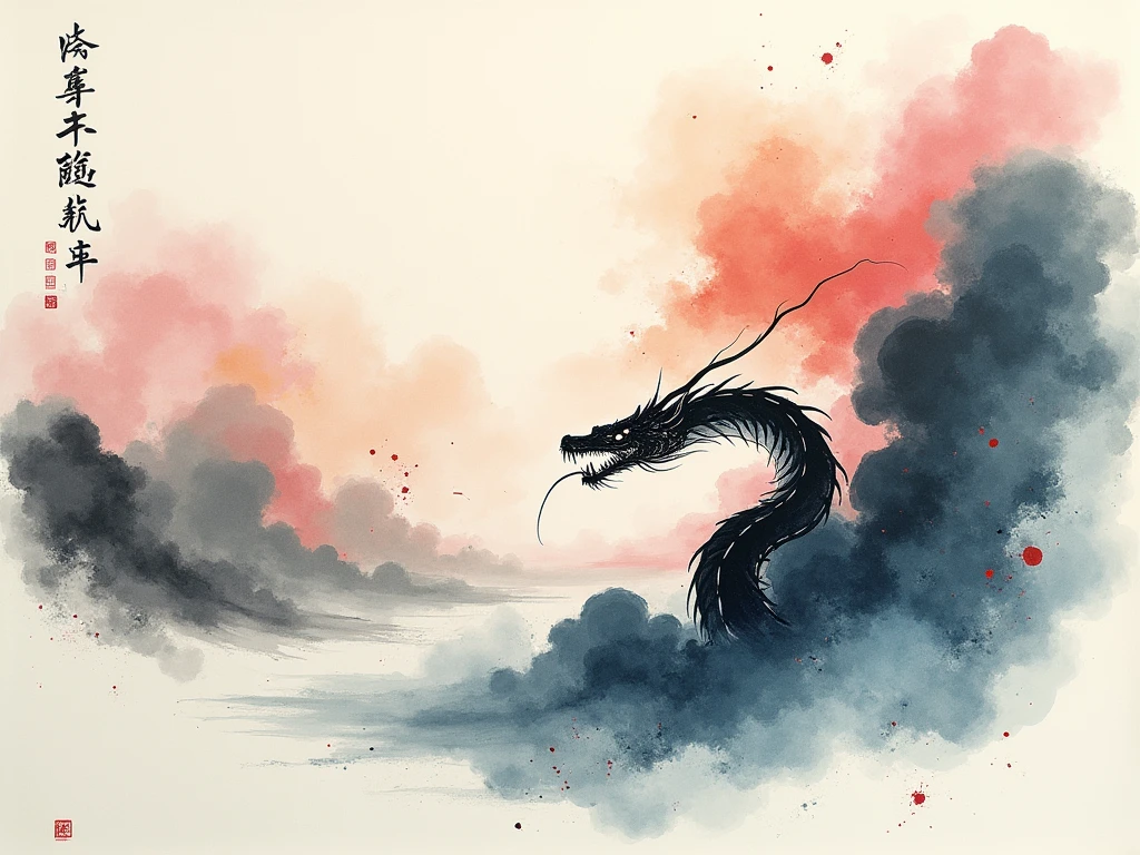 A painting,Chinese dragon painted by Wu Guanzhong,pink的中龙,Cyberpunk,Ink Painting,pink,National Trend,White background,Abstract simple lines,illustration,masterpiece,Ultra HD