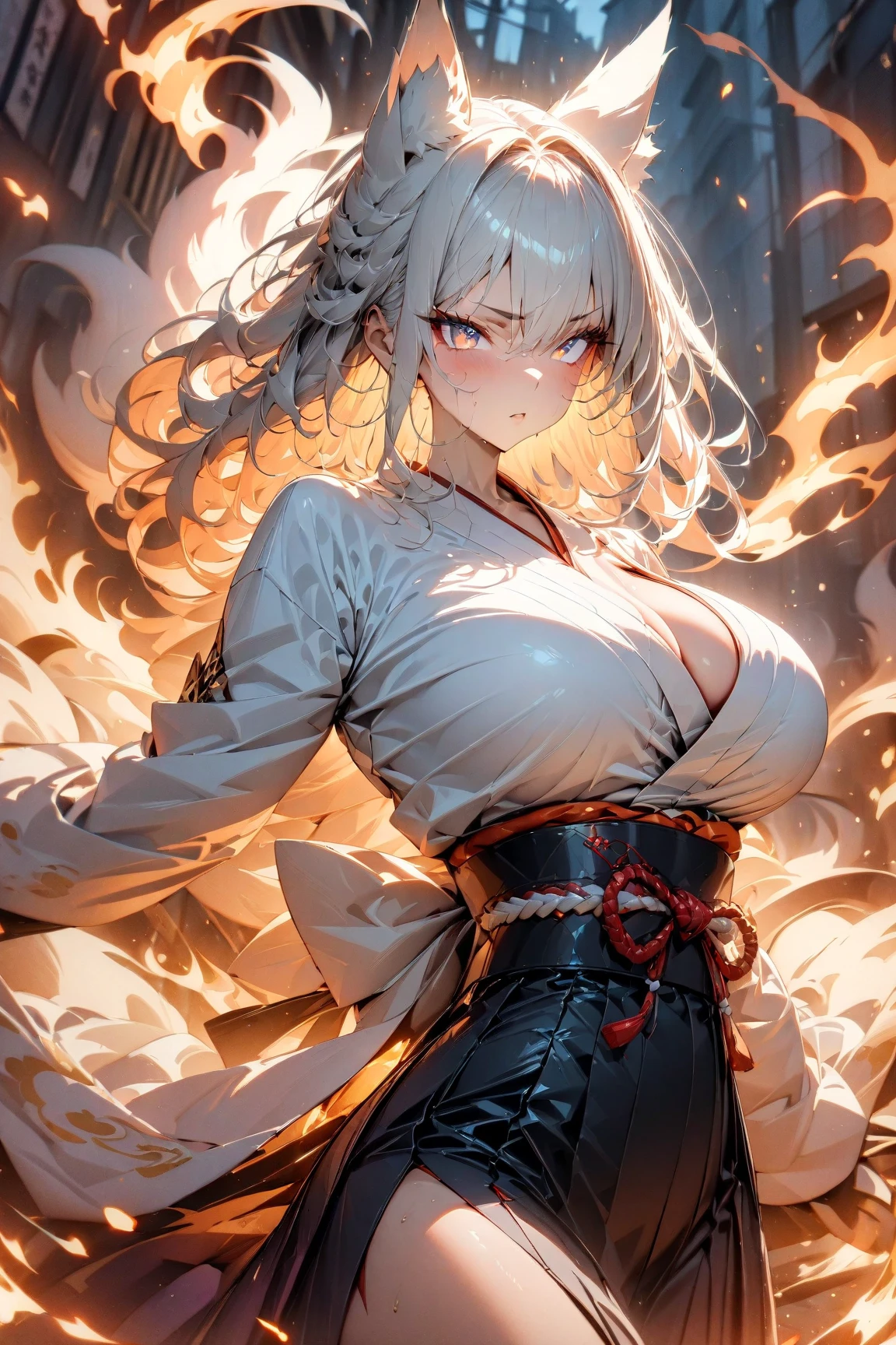 (Masterpiece, best quality, Sharp focus, depth of field, best shadow, perfect fire, HDR, Realistic skin texture, The background is too detailed.), distant view, 1 woman, big breasts, platinum colored hair, Wear Vietnamese clothes, I'm wet., A charming little smile, Close your eyes., Turn left.,The background is a realistic forest., There are bushes., There are streams., There are fireflies, at night, Light from the moon shines on the surface of the water..