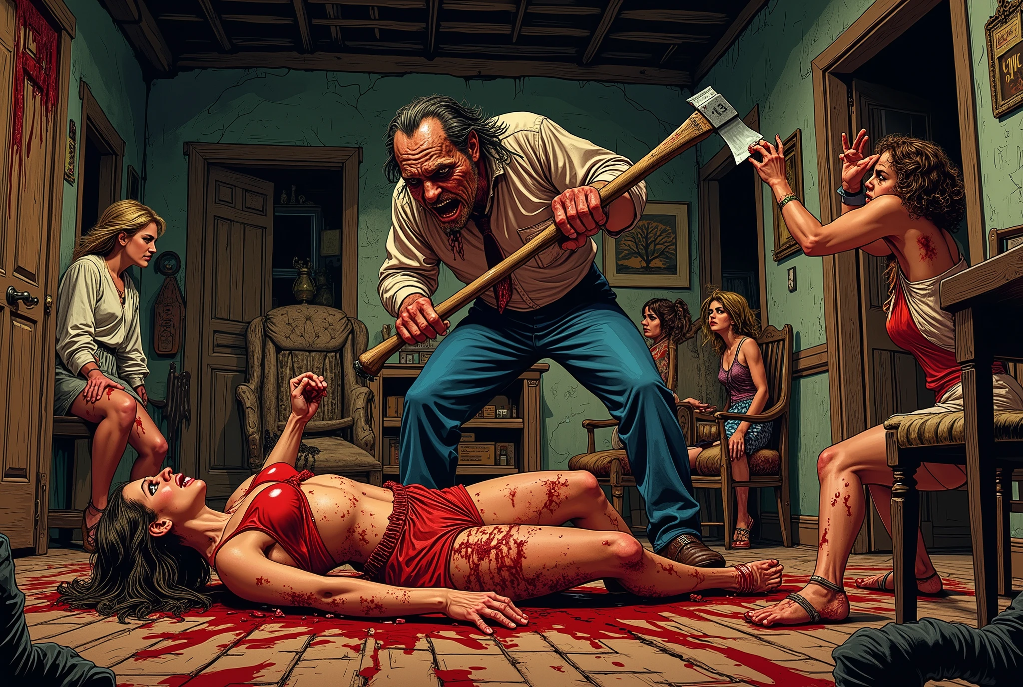 70's exploitation horror film, crazy redneck hillbilly killer with ugly scary face, holding an ax, chopping up a man who is laying the floor, a terrified woman watches, screaming into the back of her hand, another woman is tied to a chair watching in fear, the violence occurs in the living home of an old house in the rural countryside of est texas , lurid vivid colors, retro 60s sci-fi horror movie aesthetic, bloody, gory, scary, movie poster vibe, bold colors, detailed, erotic, NSFW, lurid and vivid colors, detailed, intricate, gouache paints, European fumetto style, Frazetta, Mort Künstler, Basil Gogos, Graham "Ghastly" Ingels, volumetric lighting, classic horror comic aesthetic