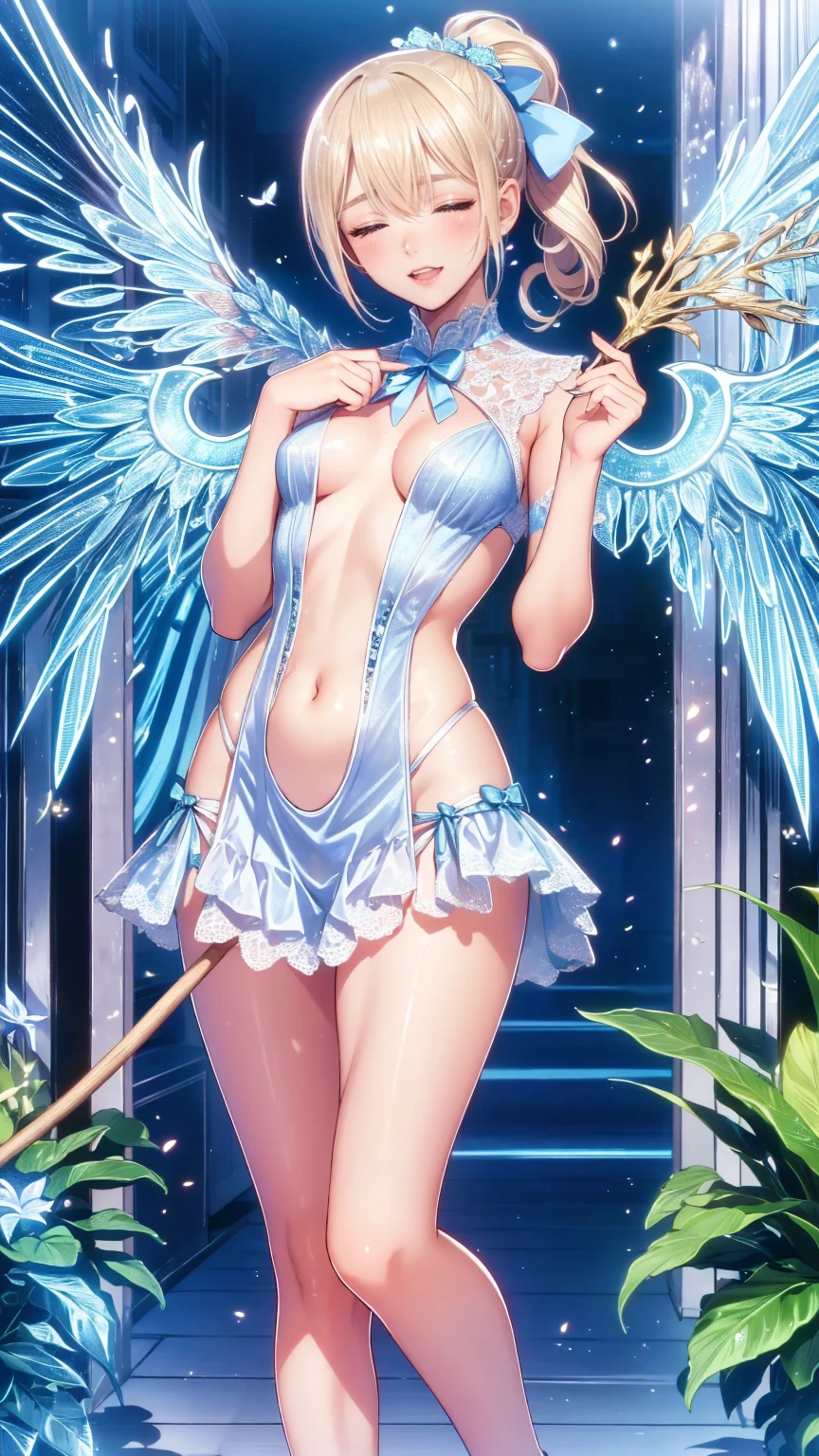 ((((1 one young girl)), ((by Yang J, rossdraws 1. 0)), 🌺.((Teenage girl，Rebellious girl)),((Slim sexy girl)),((cute small breasts),(Full body picture：1.2). ((smile)), ((Cleavage fully exposed)), ((very beautiful young girl:1.44))), (((very short hair), (fullbody), (A who is a loli:1.3),(SF),full body), (1 girl, solo, kawaii, anime:1.25), (loli, little, tiny, masterpiece, angel, angel wings, simple halo:1.23), (aqua hair, long hair, blue eyes, twinkle eyes:1.18), (shiny skin, shiny hair, small breast, blue sky:1.18763), (magical girl costume, bare shoulders, white leotard, micro skirt, frills, flying:1.15763), (blush, smile, multicolored clothes, pastel color:1.1225),(dynamic angle, cinematic lighting, depth of field:1.08), fantasy, happy, solo focus, simple background, (see-through:0.85), (BREAK)). ((cyberpunk cityscape, skyscraper, neon lights)), ((intricate details:1.1), (complex background))， ((Bright colors))，((dynamic perspective dynamic combination))，((cyberpunk style)).