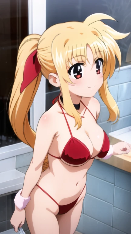 akebivol, hairband, black eyes, smile, blush, (red micro bikini), (sagging breast, large breast), (all fours, bend over), (erect nipples), (cleavage, breast focus), looking at viewer, both hands down, gym