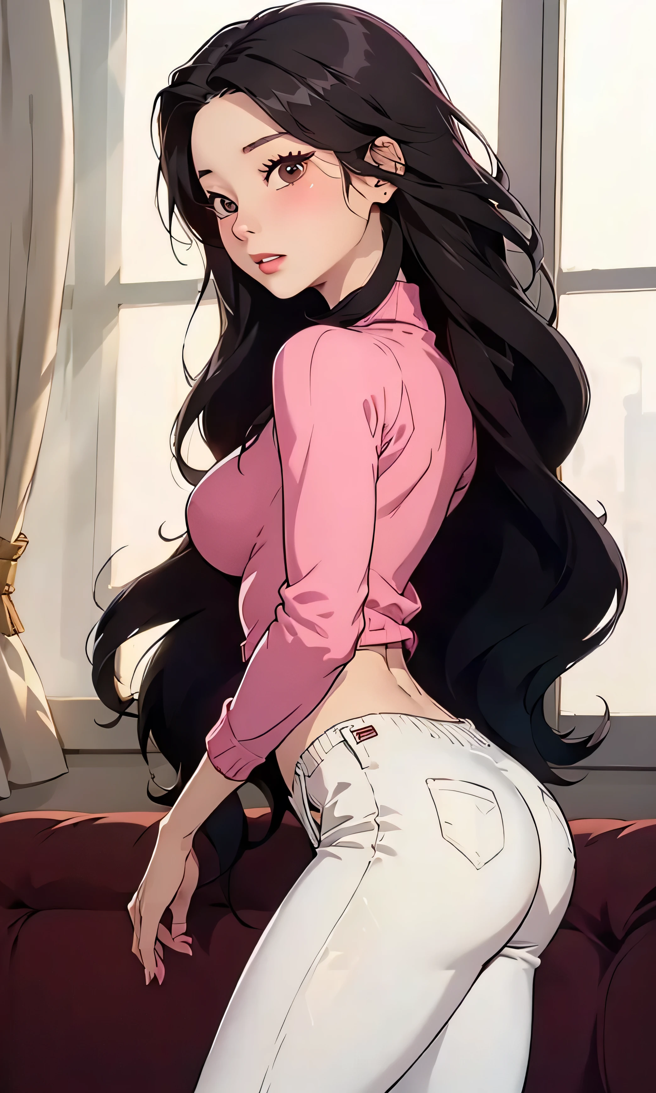 masterpiece, high detail, Kim Dahyun, a beautiful girl , Korean, thin and tall, black hair, long hair, wavy hair , black eyes, white sweater , short sweater , shorts, white pants , blush, pretty legs, from the front looking at the spectator , next to the window,