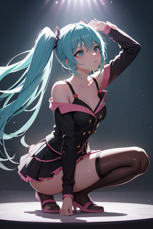 (1 girl),(high quality), (High resolution), (extremely detailed), (8K),(lower body shot),(Hatsune Miku is wearing panties under her school&#39;s translucent uniform and dark blue short pleated skirt.),(wearing black knee-high stockings)not wearing shoes,perfect writing,(Beautifully erect nipple shape:1.2),High resolutionの美しい目,(neutral white lighting:1.2),Dancing in another world with strong winds