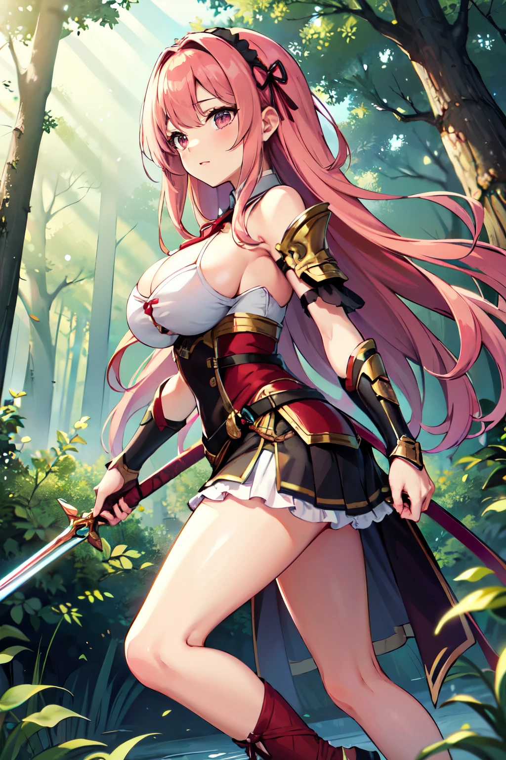 Fantasy, Dungeons_devil_girl, (Nipples)+++,(Pussy)+++,big_chest,dynamic_Pause_Are standing, Light_smile,  long_hair, belly button,(blue_skin)+, (Take-up_ぶどうのwood_The surrounding area_body)++,forest, wood_background, devilの角, devilの尻尾, all_big_length_sword, Thighs,