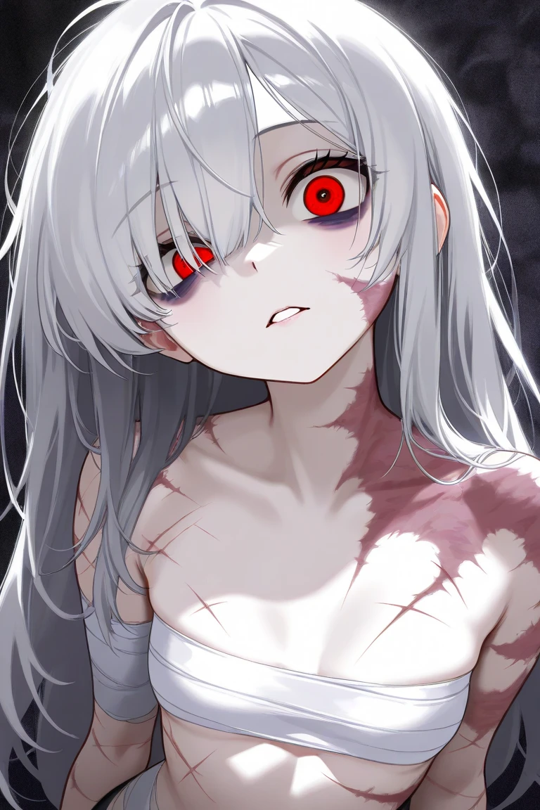score_9,score_8_up,score_7_up,1girl,best quality, masterpiece, source_anime', (((Dynamic Angle))), 1girl, white hair, shaggy hair, long hair, ice blue eyes, bags under eyes, expressionless, flat chest, small breasts, ((small breasts)), ((thick outlines)), (fangs), crouched, vampire, wearing rags, dirty, covered in blood, blood everywhere, bloody corpses, ((destroyed wasteland)),