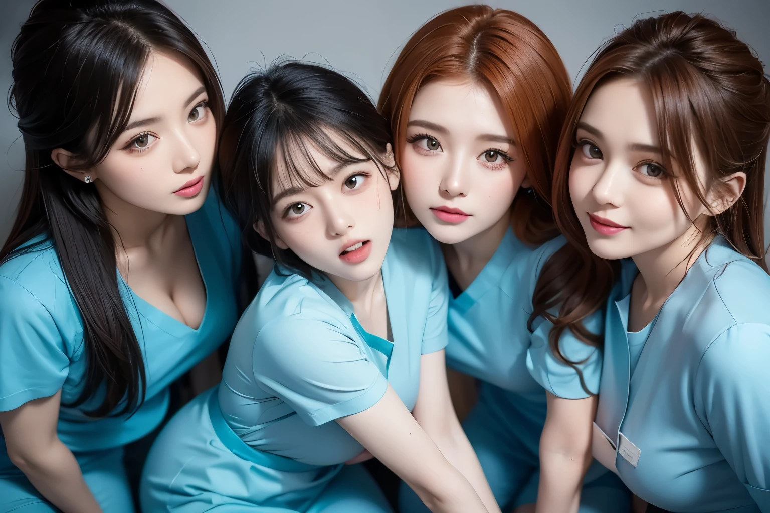 two sexy women in midwife outfits, kneeling, various hair colors and hairstyles, cute opened mouths, portrait, close up faces, view from above