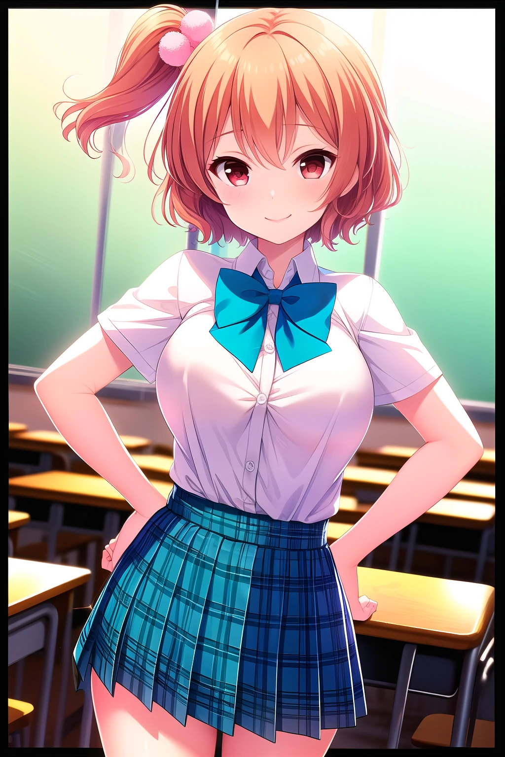 (Masterpiece, best quality ), highly detailed background , perfect lighting best quality , tomuramichiru, Alone, indoor, classroom, orange hair, One side up, hair bobble, hair between eyes , short hair while on a business trip, Red Eyes, medium boobs , Blue Bowtie, white shirt, Short sleeve, Place your hands on your hips, BLUE SKIRT, plaid skirt, white thighs, school uniform, smile, Closed Mouth, :), pink lips,