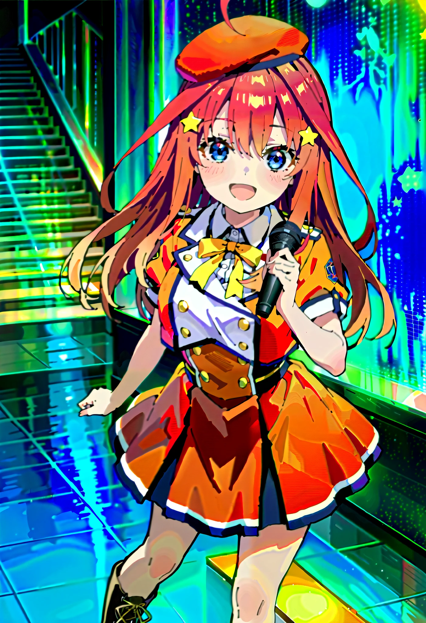 score_9, score_8_ up, score_7_ up, source_Anime, itsukinakano, Nakano Mizuki , bangs, blue eyes, hair between eyes , st upid hair, Red Hair, long hair,Yellow stars \( symbol \), hair ornament ,Yellow stars hair ornament ,glass,smile,, open mouth , big breasted , Idol Costume , dress,collared dress, jacket ,cropped jacket ,Short sleeve,bowtie,bow,button, has ,beret,( White Knee High :1.2),shoes, interior ,アイドル歌手がライブ stageで熱狂的に歌うシーンのイラスト. アイドル歌手が stage中央に立っている. boots worn by idol singers . idol singers sing with microphones . idol singers are serious and impressive . 歌手の声は力強くて beautiful , stageの周りにはファンが集まる, fans sing and dance with idol singers Idol singers who do things ,whole bodyがイラストに入るように,
break looking at viewer,whole body,( cowboy shooting :1. 5),
break indoors, stage, concert, stage lights, stage, crowd,
break (Masterpiece:1.2), best quality , high resolution, unity 8k wallpaper, (shape:0.8), ( beautiful, detailed eyes :1.6), very elaborate face , PERFECT LIGHTING , High-definition CG, (perfect hand, perfect anatomy),