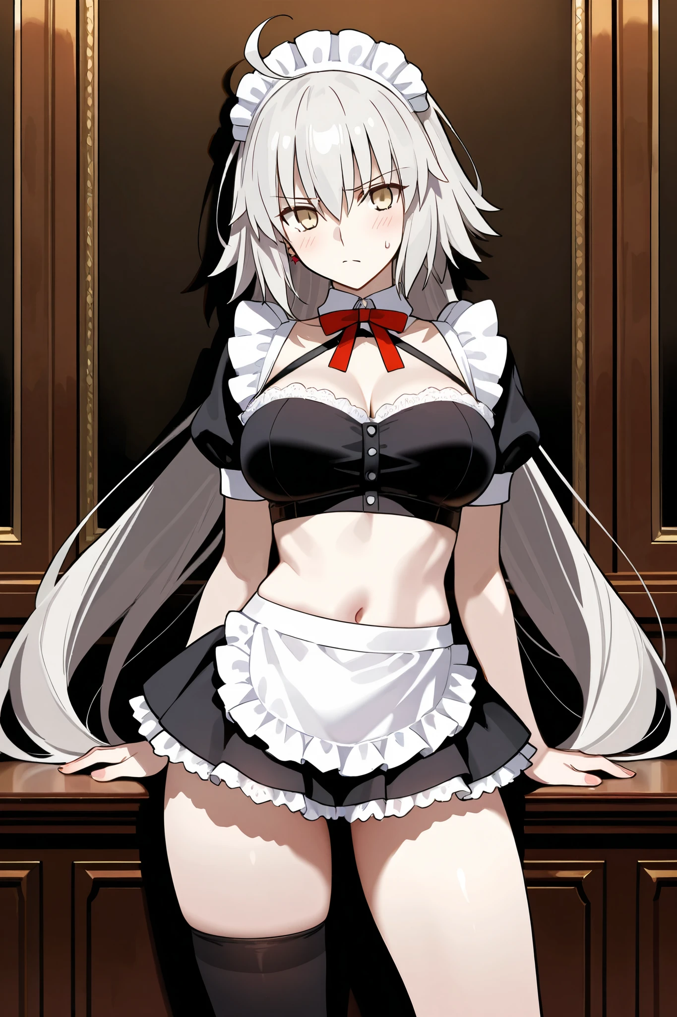 (absurdres, 8k, 4k, masterpiece, hyper extreme detailed:1.2), solo, front view portrait, best quality, portrait, solo, adult, cowboyshot, perfect anatomy, 1girl, perfect face, expressive eyes, perfect eyes, tomboy, white hair, long skirt, swept bangs, full body, WhiteOutfit, flower over eye, long hair, white hair, long hair, prosthetic arm, red eyes, black ribbon, zero, Stomach cutout, white stockings, exposed shoulders, cleavage, exposed arm pit, white dress, side cape, flower in eye, hands on hips, hallway background