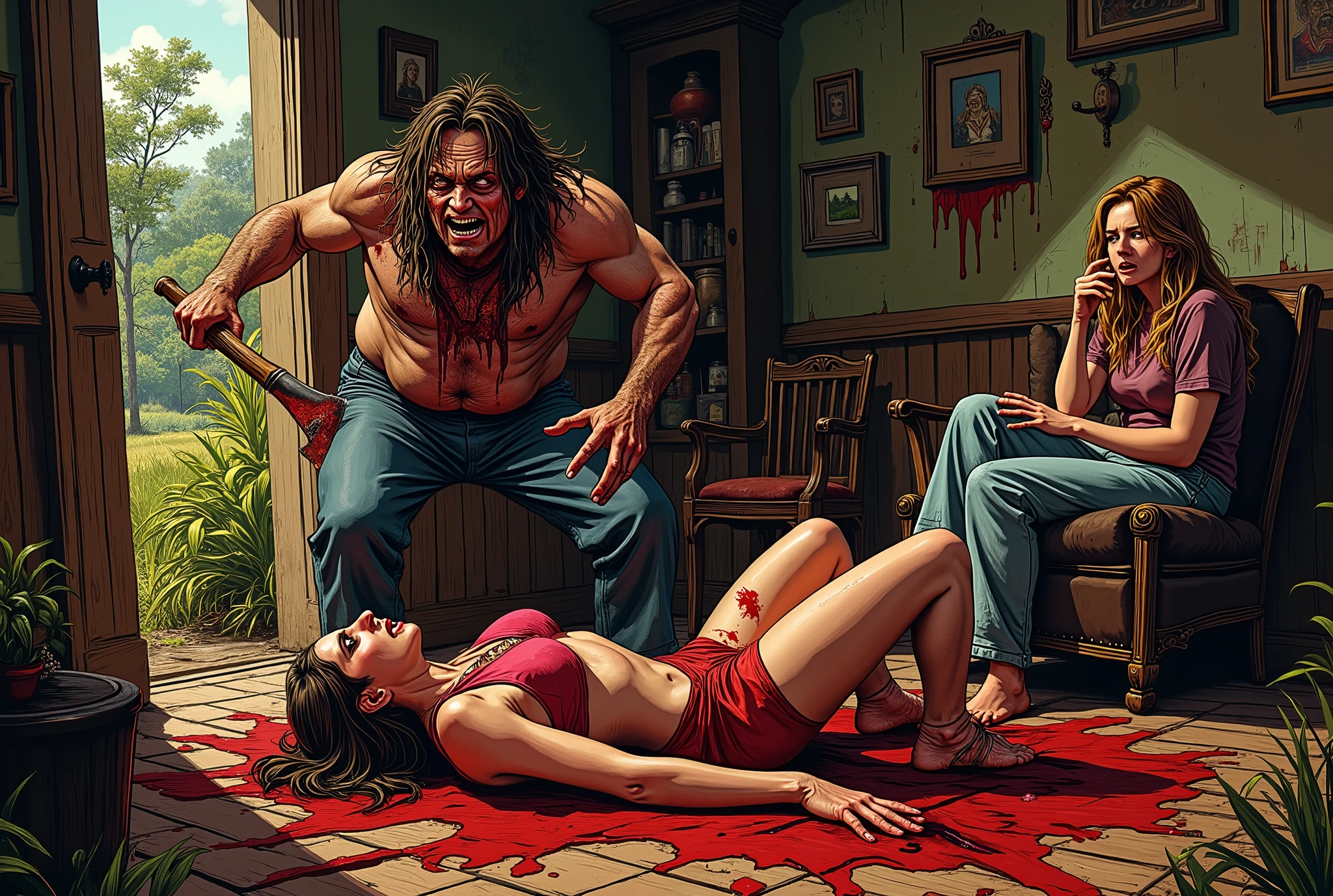 70's exploitation horror film, crazy redneck hillbilly killer with ugly scary face, holding an ax, chopping up a man who is laying the floor, a terrified woman watches, screaming into the back of her hand, another woman is tied to a chair watching in fear, the violence occurs in the living home of an old house in the rural countryside of est texas , lurid vivid colors, retro 60s sci-fi horror movie aesthetic, bloody, gory, scary, movie poster vibe, bold colors, detailed, erotic, NSFW, lurid and vivid colors, detailed, intricate, gouache paints, European fumetto style, Frazetta, Mort Künstler, Basil Gogos, Graham "Ghastly" Ingels, volumetric lighting, classic horror comic aesthetic