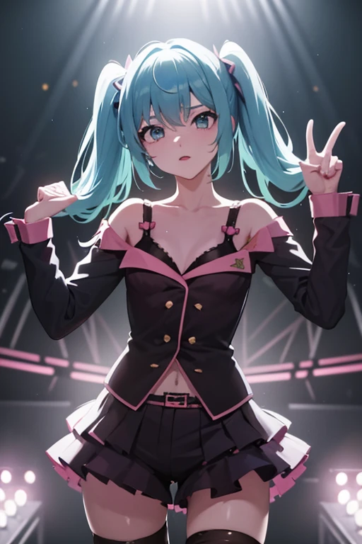        Hatsune Miku,scene.        bright light.   Singing     、   . ((spot,        stage, ライブ       stage:1.4)),      Five Fingers   、Accurate Fingers, Light effects, Dance Motion,        sensational       ,       anatomically accurate system 、sweat,     sexy、     charming face 、 ,unity 8k wallpaper，  highly detailed ，Beautiful work，  best quality  ，  realistic,Photo level、  best quality  、  best image quality 、Masterpiece、