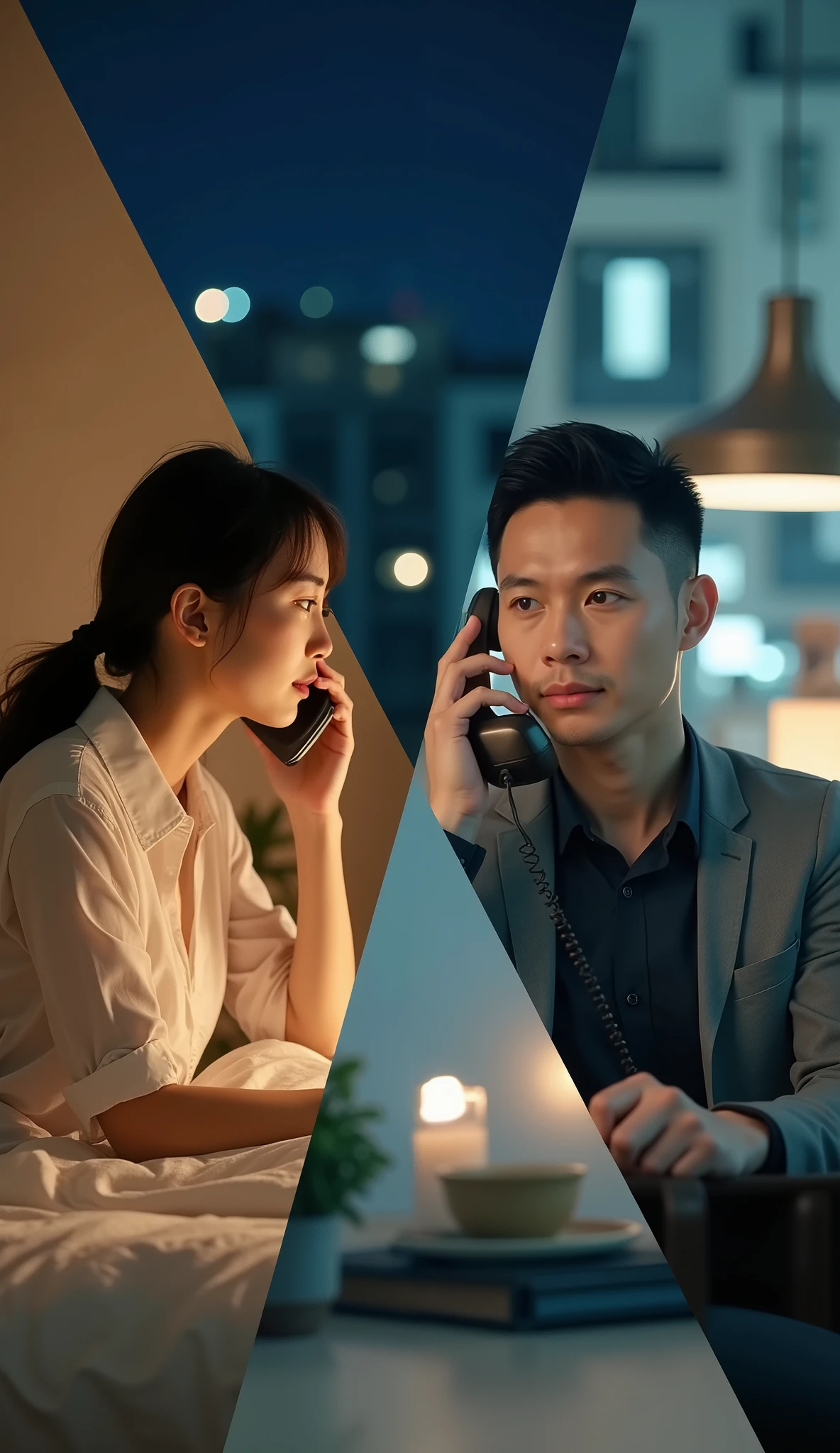 (\I will combine two scenes that are far apart into one picture, Diagonally２split composition \),  one man and one woman, A couple is on the phone, ( the woman is on the phone in the middle of the night from UK , Bedroom at night), break ( the man is talking on an old antique phone during the daytime from Vietnam, A workplace with clear weather), The two scenes are output on one screen , Diagonally delimited seamless division
