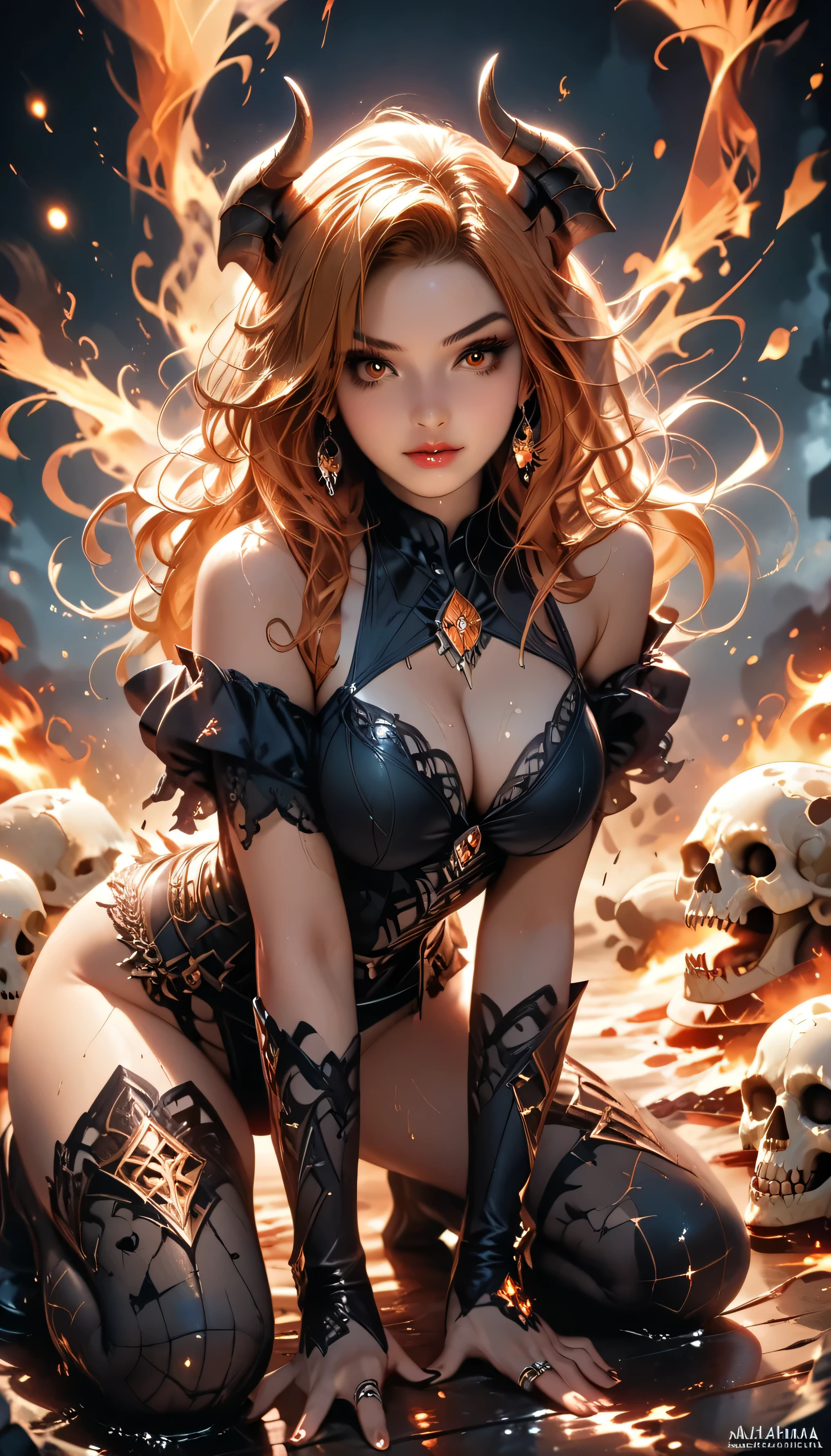 score_9, score_8_up, score_7_up, solo, 1girl, Expressiveh, source_realistic, realism, photorealistic, masterpiece, masterpiece, full-length image, Skull girl demon concept art portrait by casey weldon, olga kvasha, miho hirano, hyperdetailed intricately detailed gothic art trending on artstation triadic colors unreal engine 5 detailed matte painting, busty, curvy hips, see-through virgin lowleg panties, dynamic motion, epic pose, on all fours, legs spread wide open, deep color, fantastical, intricate detail, splash screen, complementary colors, fantasy concept art, 8k resolution, gothic deviantart masterpiece, lava, fire, surrounded by flames, apocalypse