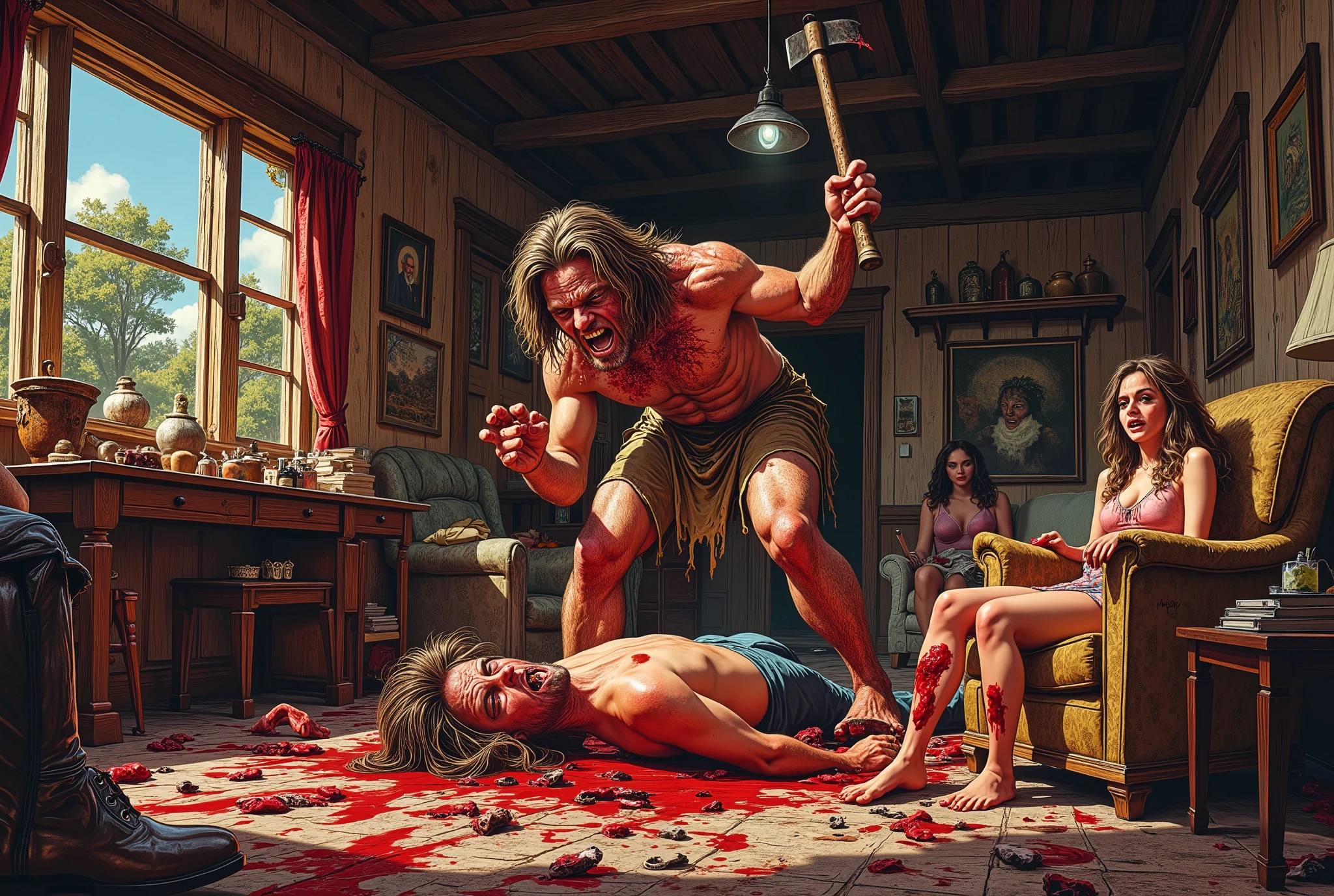 70's exploitation horror film, crazy redneck hillbilly killer with ugly scary face, holding an ax, chopping up a hippie man who is laying the floor, a terrified hippie woman watches, screaming into the back of her hand, another hippie woman is tied to a chair watching in fear, the violence occurs in the living home of an old house in the rural countryside of est texas , lurid vivid colors, retro 60s sci-fi horror movie aesthetic, bloody, gory, scary, movie poster vibe, bold colors, detailed, erotic, NSFW, lurid and vivid colors, detailed, intricate, gouache paints, European fumetto style, Frazetta, Mort Künstler, Basil Gogos, Graham "Ghastly" Ingels, volumetric lighting, classic horror comic aesthetic