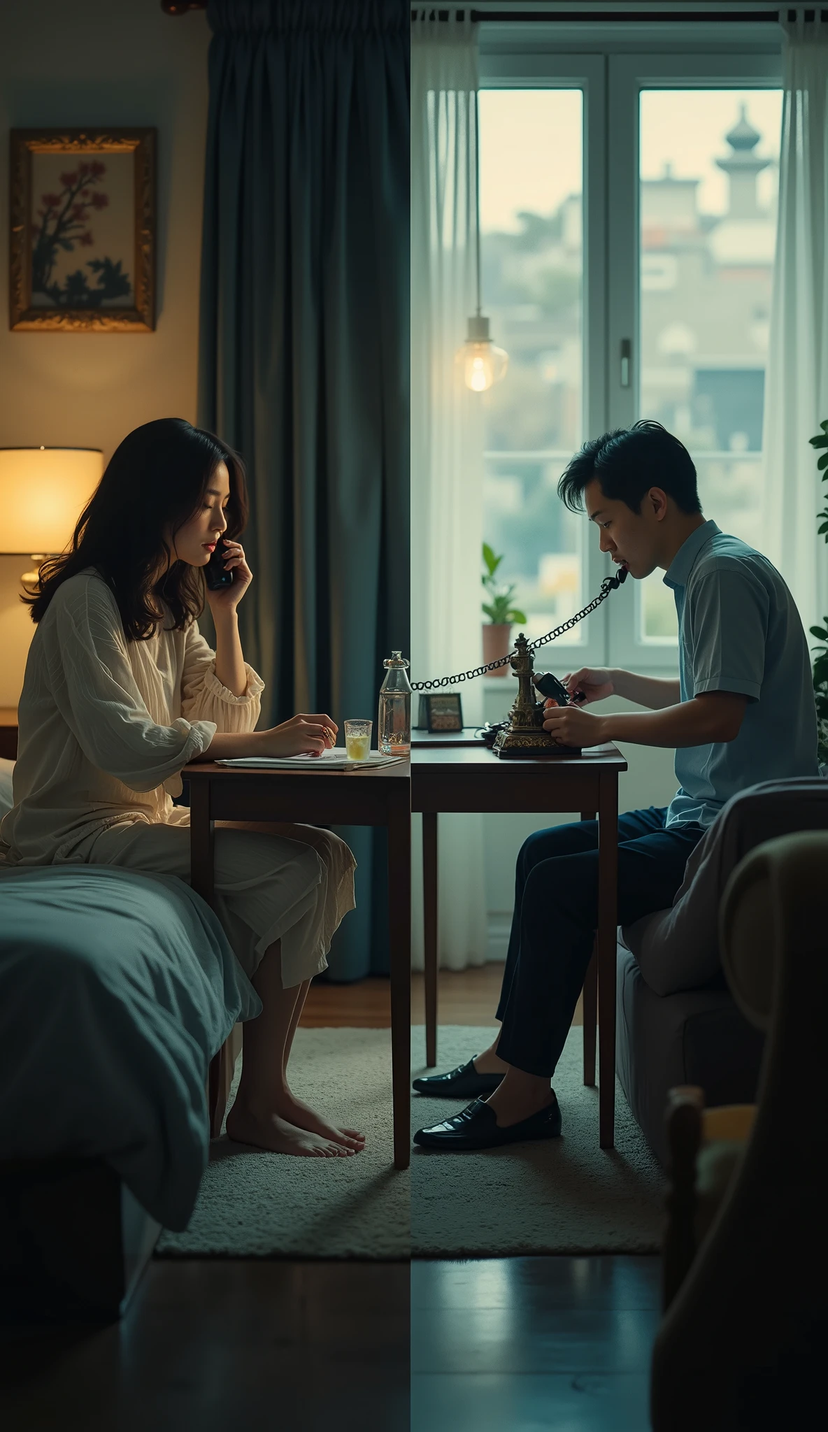 (\I will combine two scenes that are far apart into one picture, Diagonally２split composition \),  one man and one woman, A couple is on the phone, ( the woman is on the phone in the middle of the night from UK , Bedroom at night), break ( the man is talking on an old antique phone during the daytime from Vietnam, A workplace with clear weather), The two scenes are output on one screen , Diagonally delimited seamless division