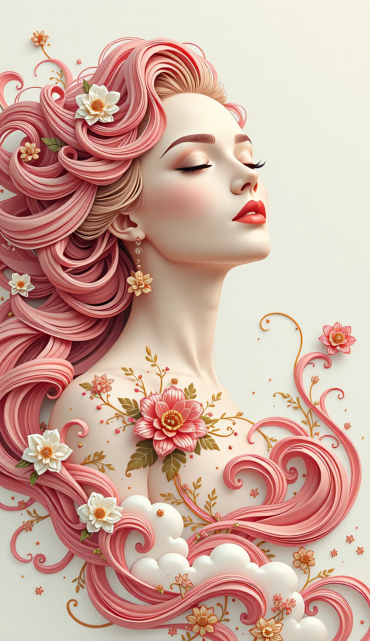 (White background:1.4),(marilyn monroe, head silhouette, Eyes closed, Long colored hair, Oriental elements)，(Chinese illustration:1.3，Paper Art:1.3, キルティングPaper Art:1.2),( Streamlined Design, Clear lines, High sharpness,Better Quality, Very detailed, Master Parts, Film Light Effect, 4K ) Illustration design, porcelain doll skin, beautiful detailed eyes, beautiful detailed lips, extremely detailed gold eyes and face, long eyelashes, upper body, from side, looking at viewer, (fractal art:1.3), (pink hair:1.2), water, liquid, cloud, colorful, starry, stars, (best quality, 4k, 8k, highres, masterpiece:1.2), ultra-detailed, (realistic, photorealistic, photo-realistic:1.37), vibrant colors, studio lighting, extremely detailed description, professional, concept art, surreal, 1920s french vibe, monochromatic gold and pink palette, in the style of french illustrator moebius, gold elements,